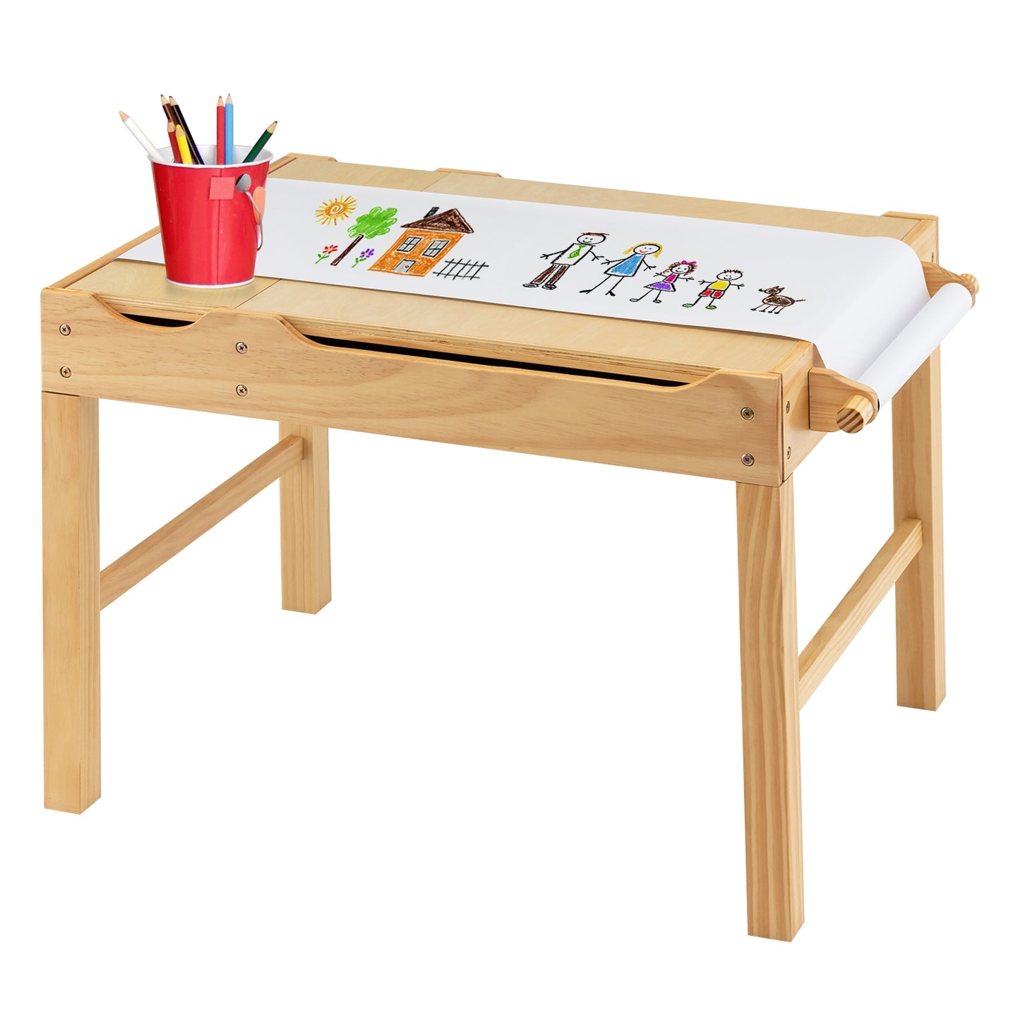 Kids Multi Activity Play Table Wooden Building Block Desk with Storage Paper Roll-Natural Kids Crystal