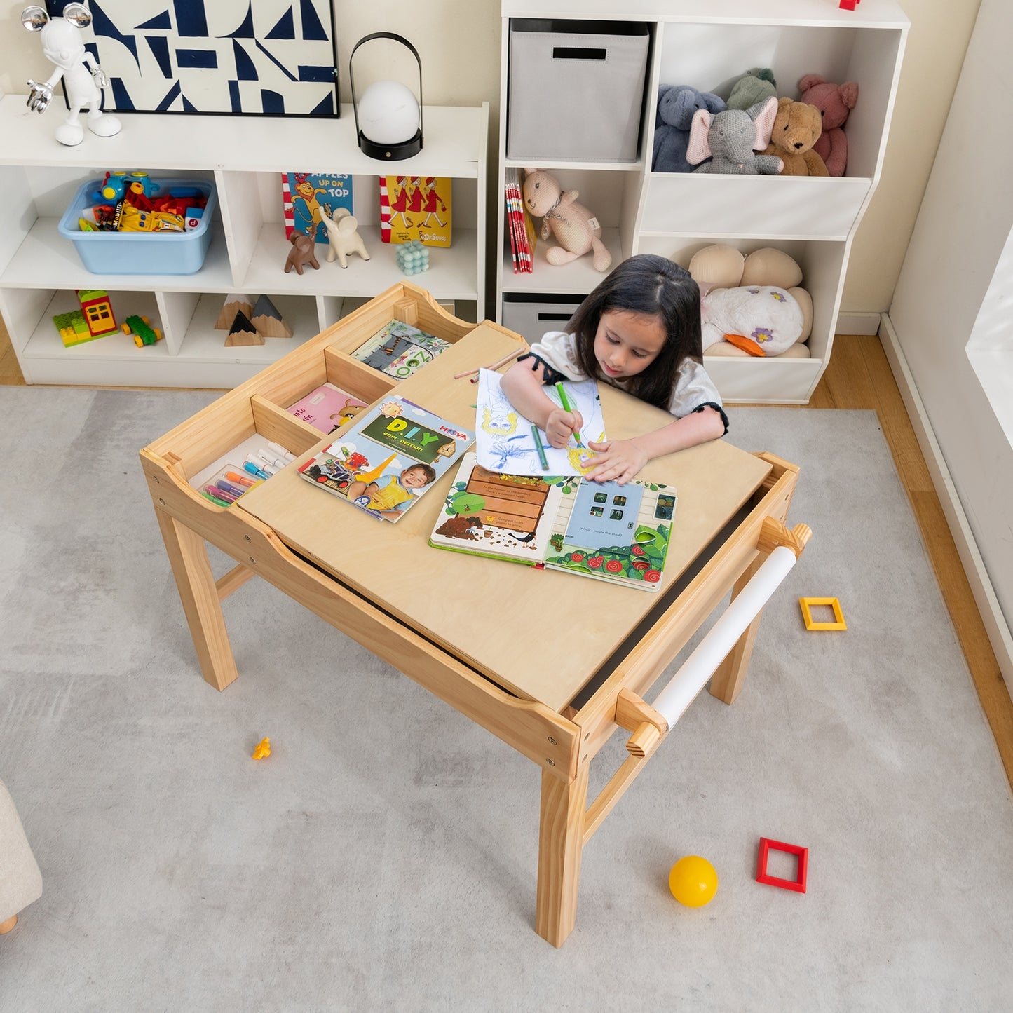 Kids Multi Activity Play Table Wooden Building Block Desk with Storage Paper Roll-Natural Kids Crystal