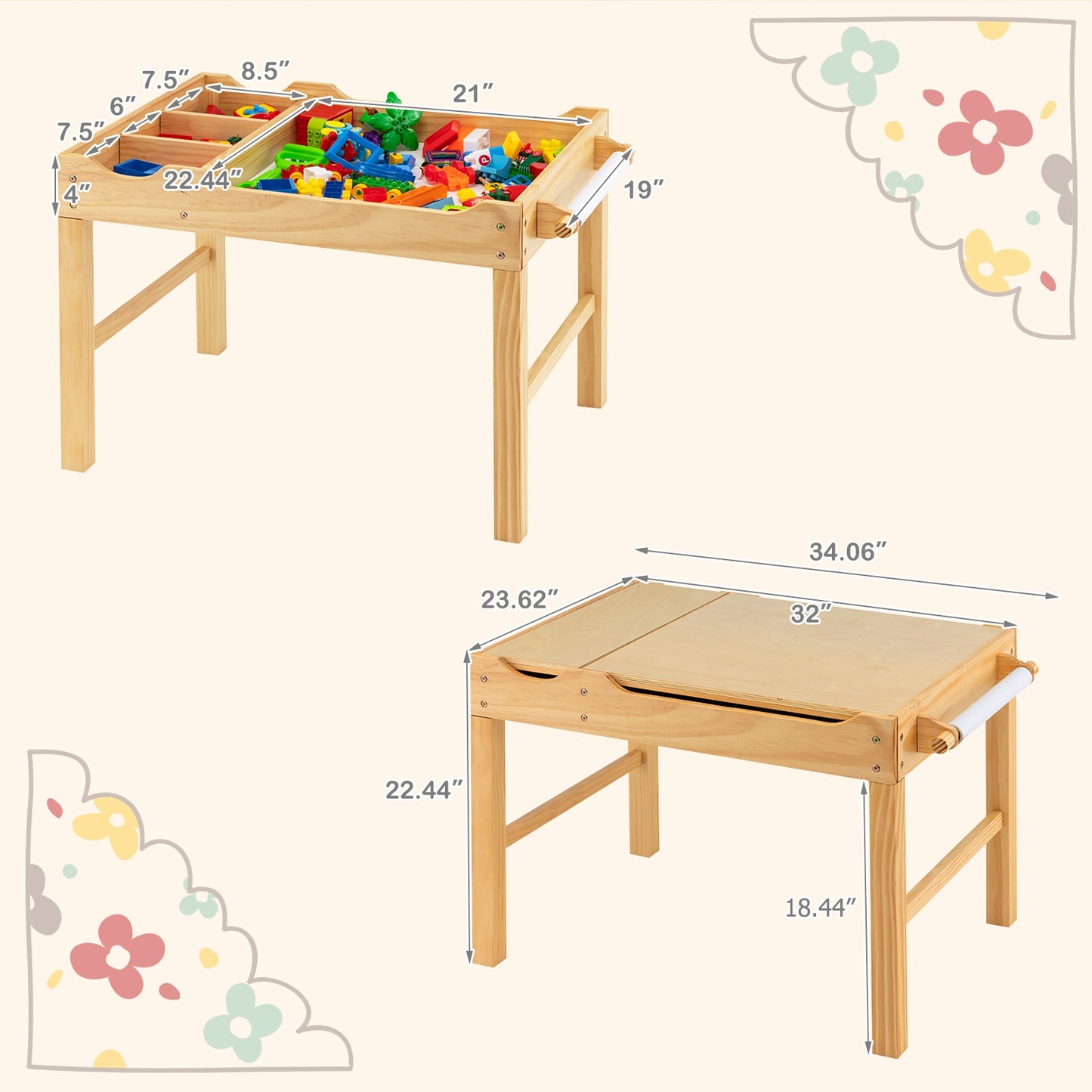 Kids Multi Activity Play Table Wooden Building Block Desk with Storage Paper Roll-Natural Kids Crystal