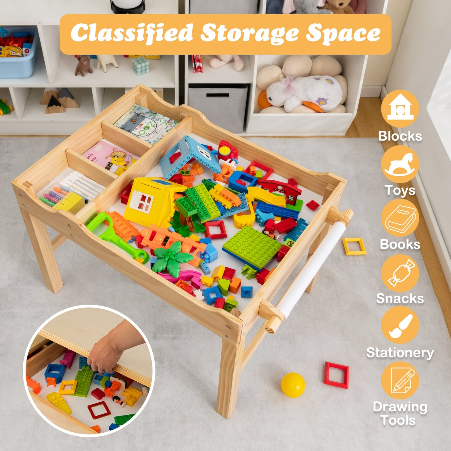 Kids Multi Activity Play Table Wooden Building Block Desk with Storage Paper Roll-Natural Kids Crystal