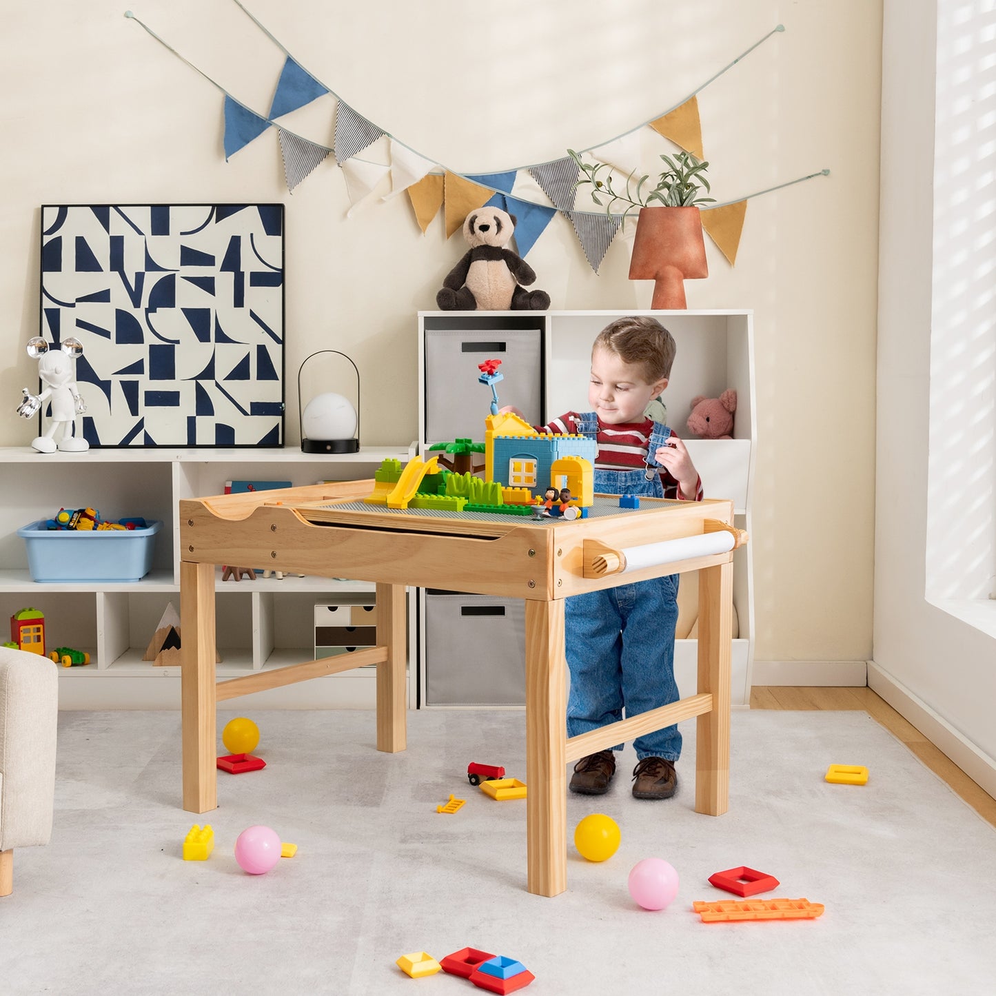 Kids Multi Activity Play Table Wooden Building Block Desk with Storage Paper Roll-Natural Kids Crystal