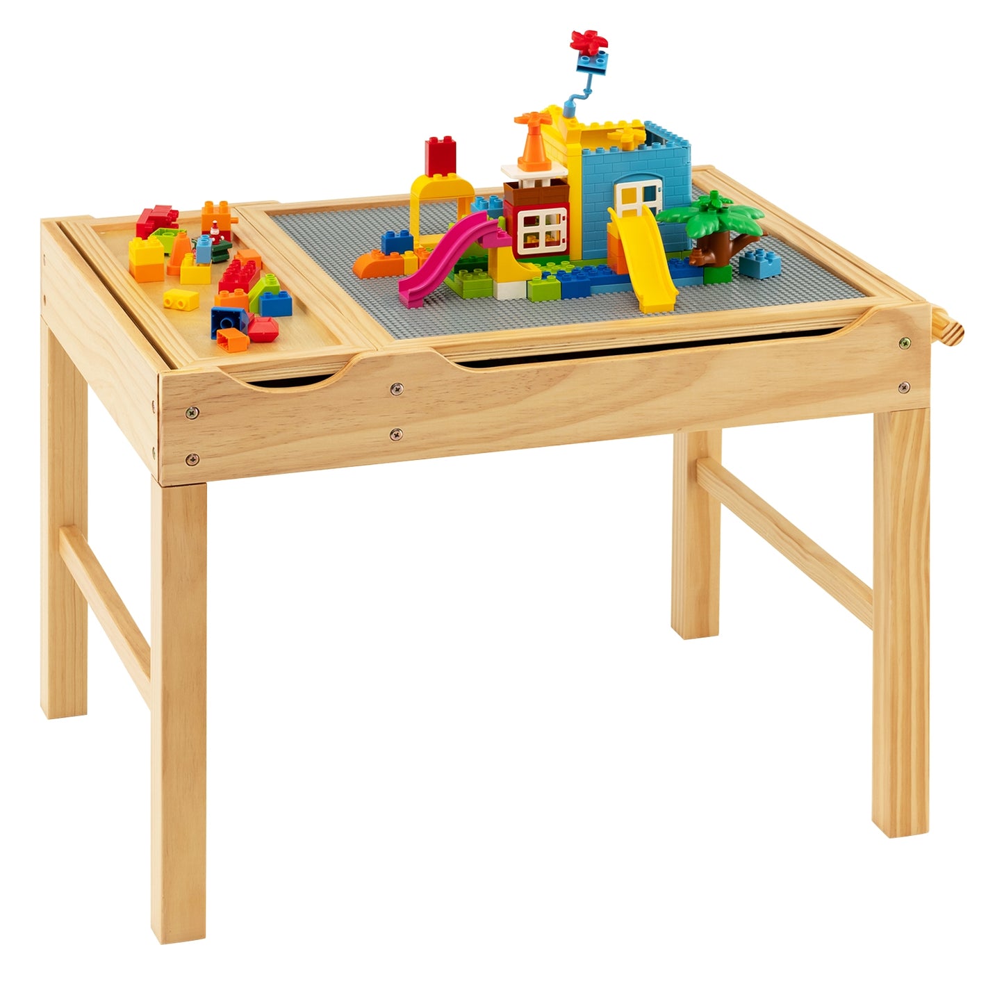Kids Multi Activity Play Table Wooden Building Block Desk with Storage Paper Roll-Natural Kids Crystal