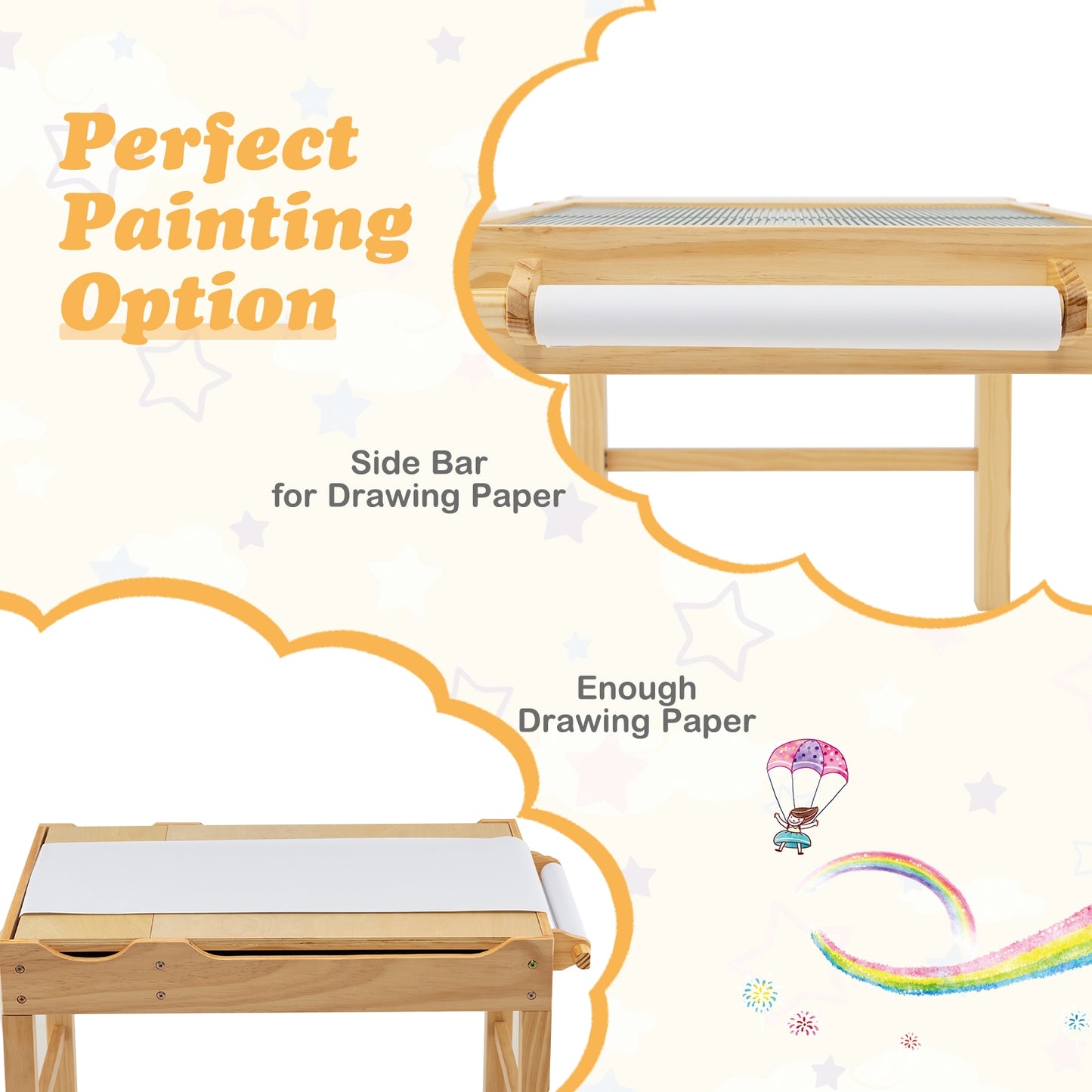 Kids Multi Activity Play Table Wooden Building Block Desk with Storage Paper Roll-Natural Kids Crystal