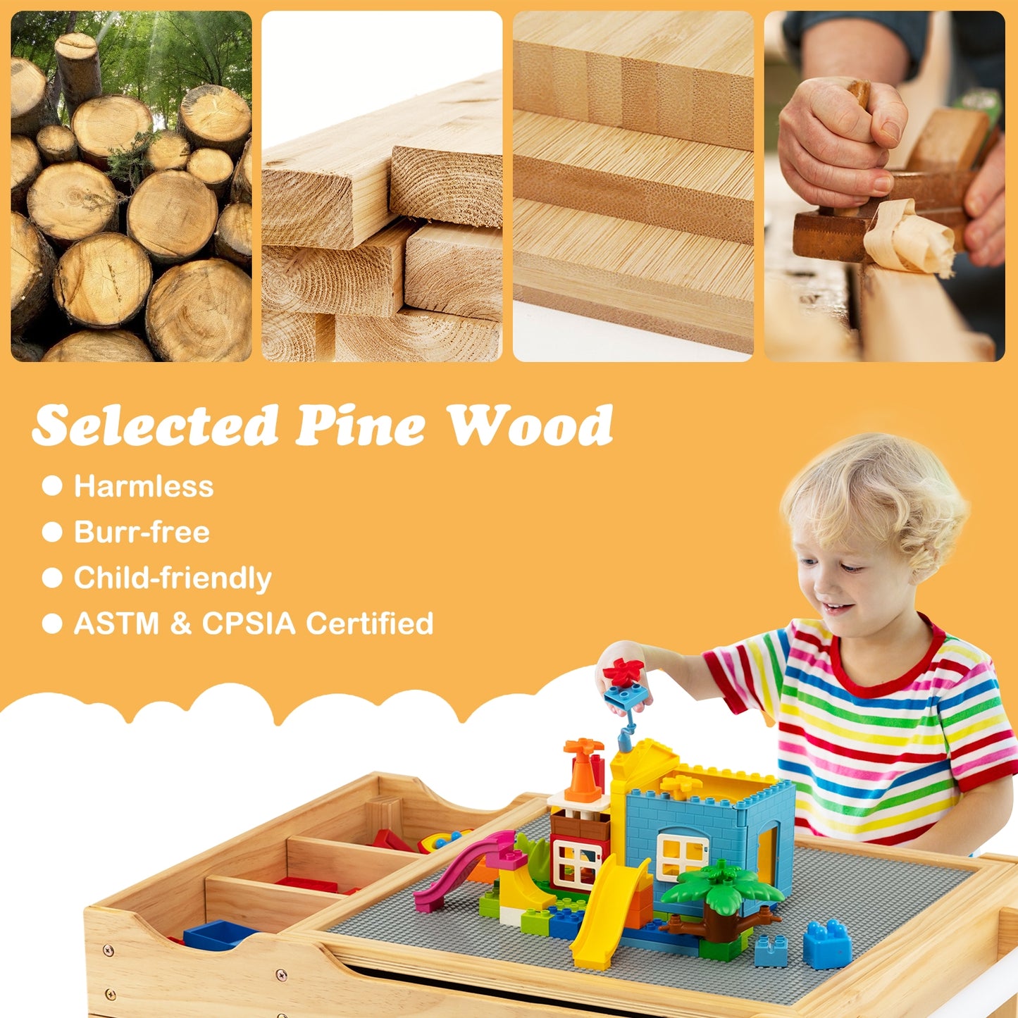 Kids Multi Activity Play Table Wooden Building Block Desk with Storage Paper Roll-Natural Kids Crystal