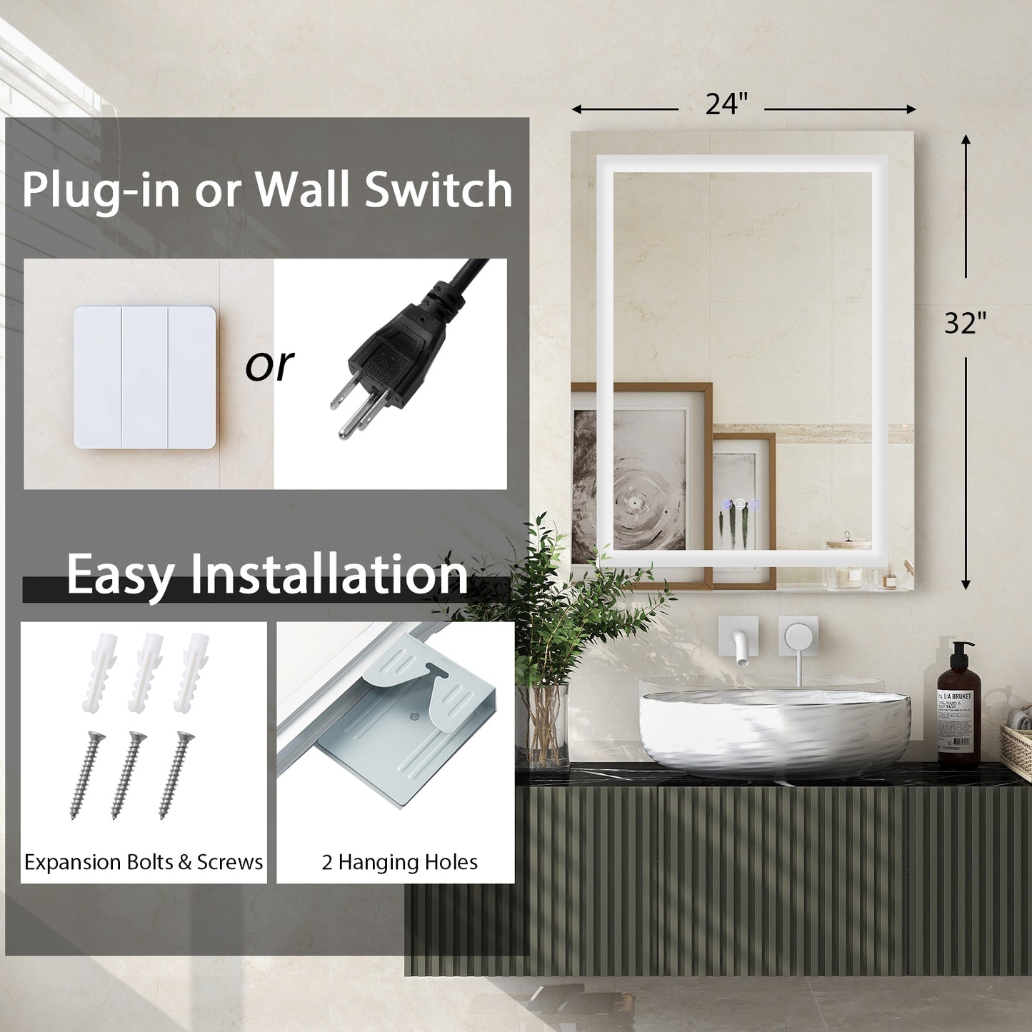 32 Inch x 24 Inch Bathroom Anti-Fog Wall Mirror with Colorful Light Kids Crystal