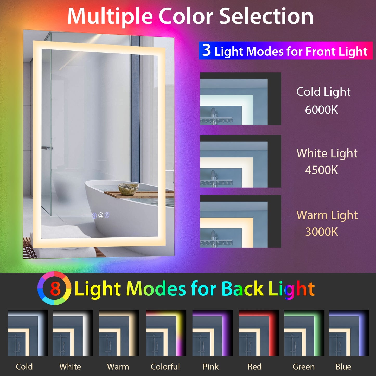 32 Inch x 24 Inch Bathroom Anti-Fog Wall Mirror with Colorful Light Kids Crystal