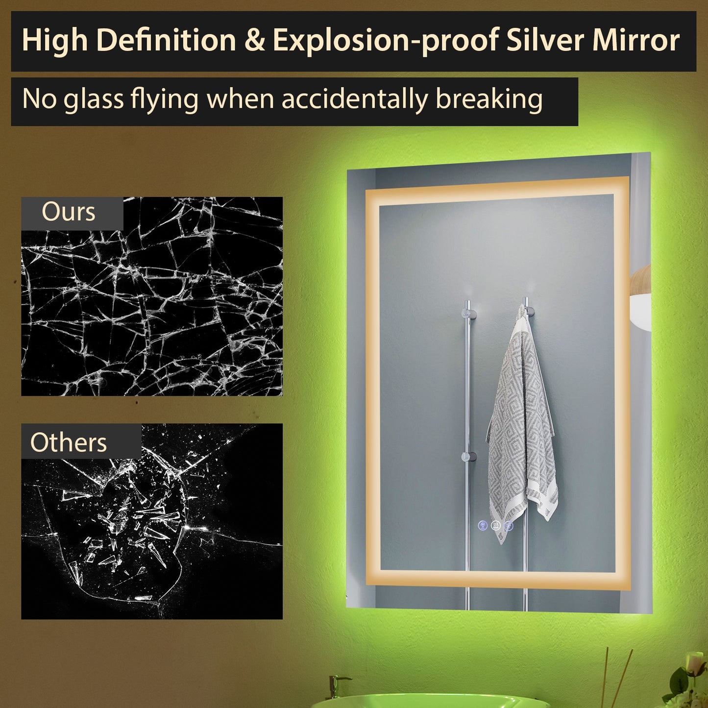 32 Inch x 24 Inch Bathroom Anti-Fog Wall Mirror with Colorful Light Kids Crystal