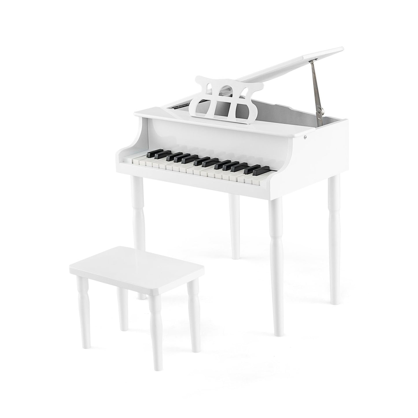30-Key Wood Toy Kids Grand Piano with Bench and Music Rack-White Kids Crystal