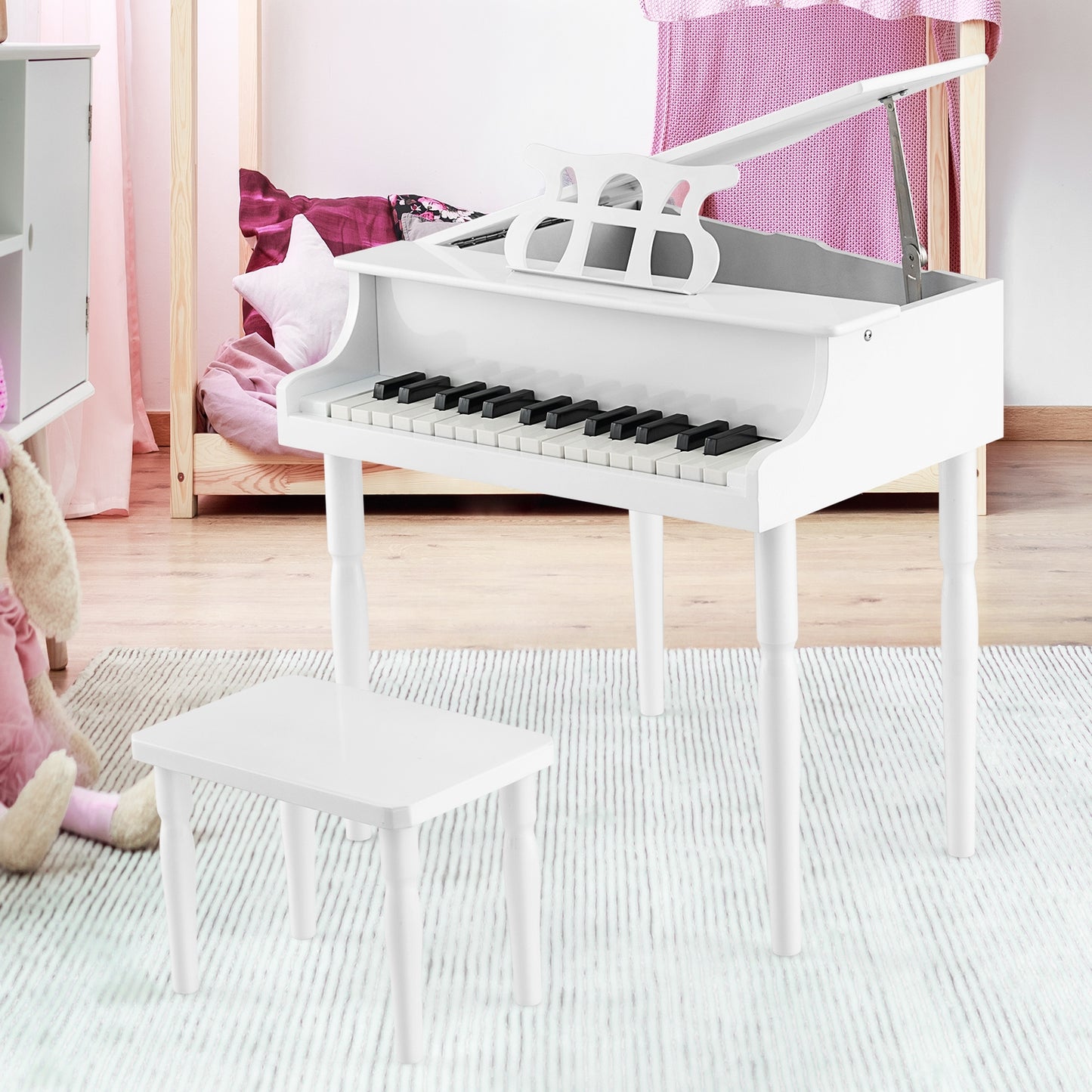 30-Key Wood Toy Kids Grand Piano with Bench and Music Rack-White Kids Crystal