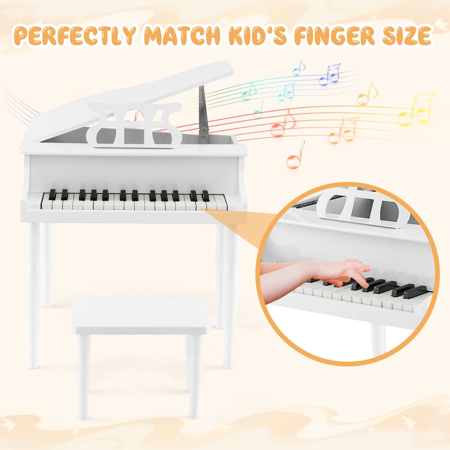 30-Key Wood Toy Kids Grand Piano with Bench and Music Rack-White Kids Crystal