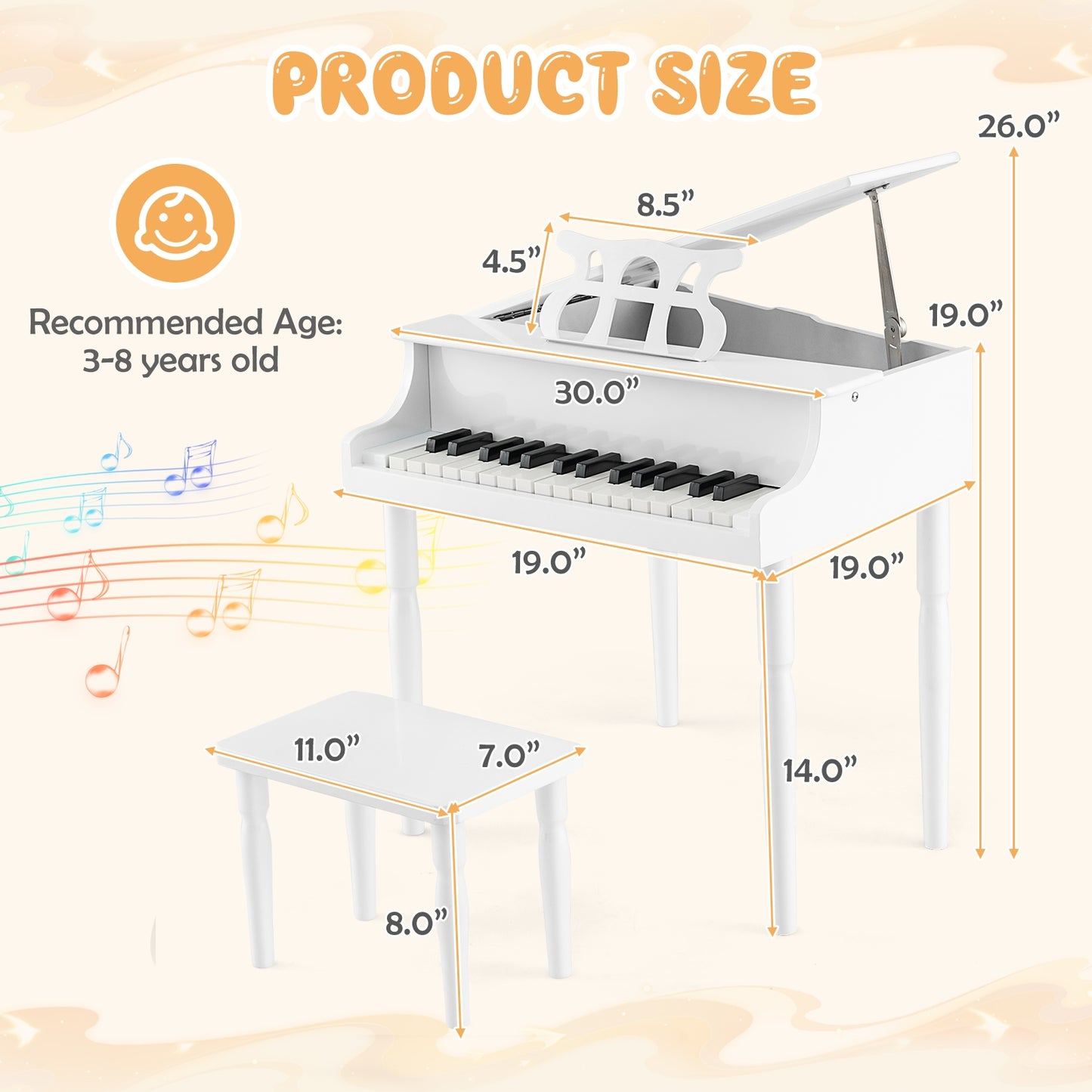 30-Key Wood Toy Kids Grand Piano with Bench and Music Rack-White Kids Crystal