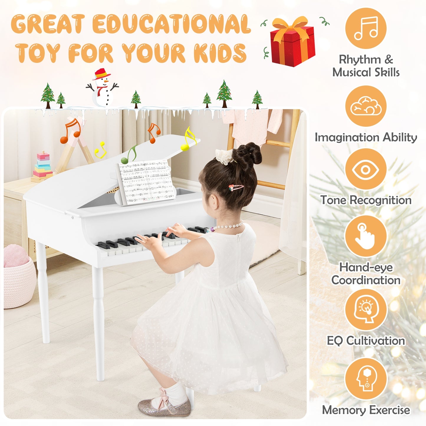 30-Key Wood Toy Kids Grand Piano with Bench and Music Rack-White Kids Crystal