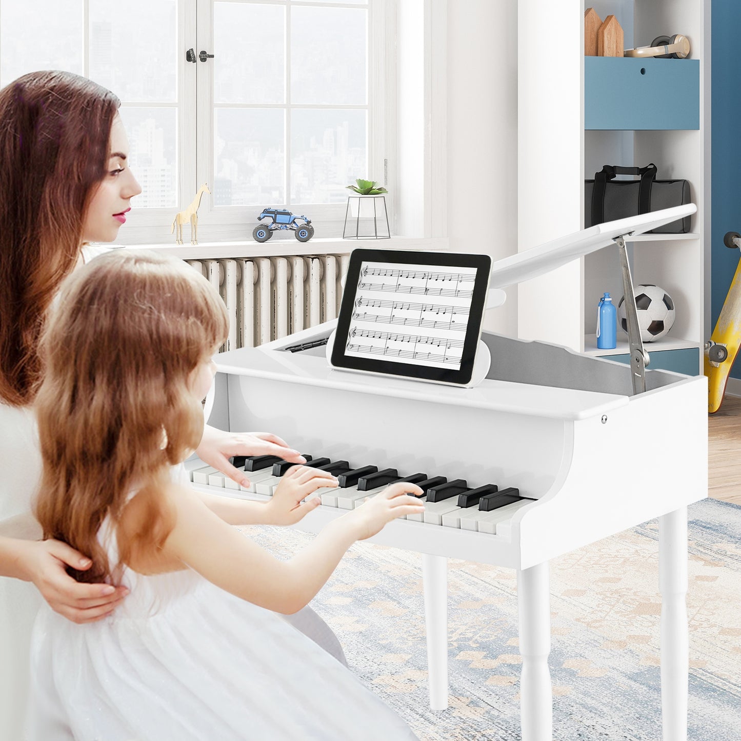 30-Key Wood Toy Kids Grand Piano with Bench and Music Rack-White Kids Crystal