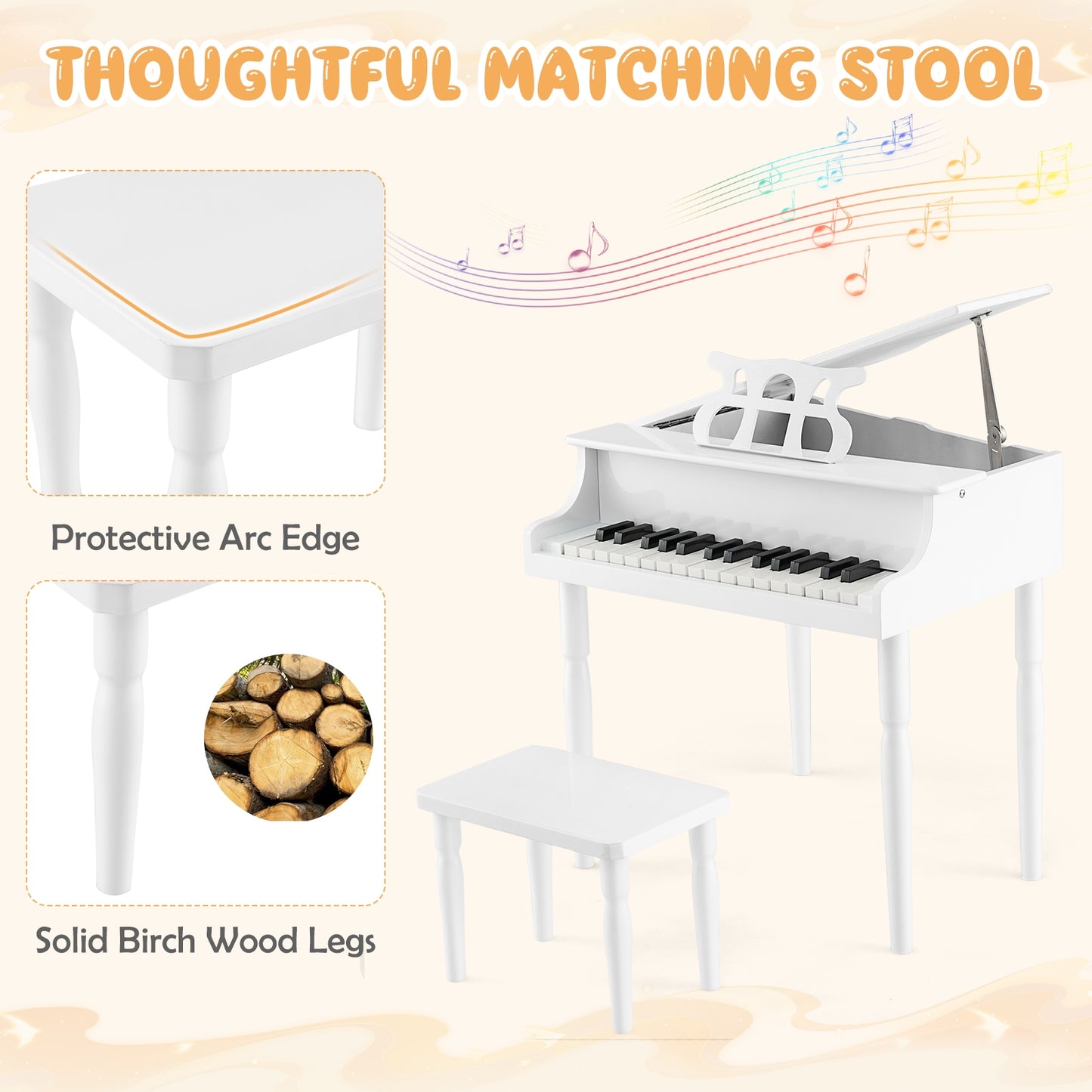 30-Key Wood Toy Kids Grand Piano with Bench and Music Rack-White Kids Crystal
