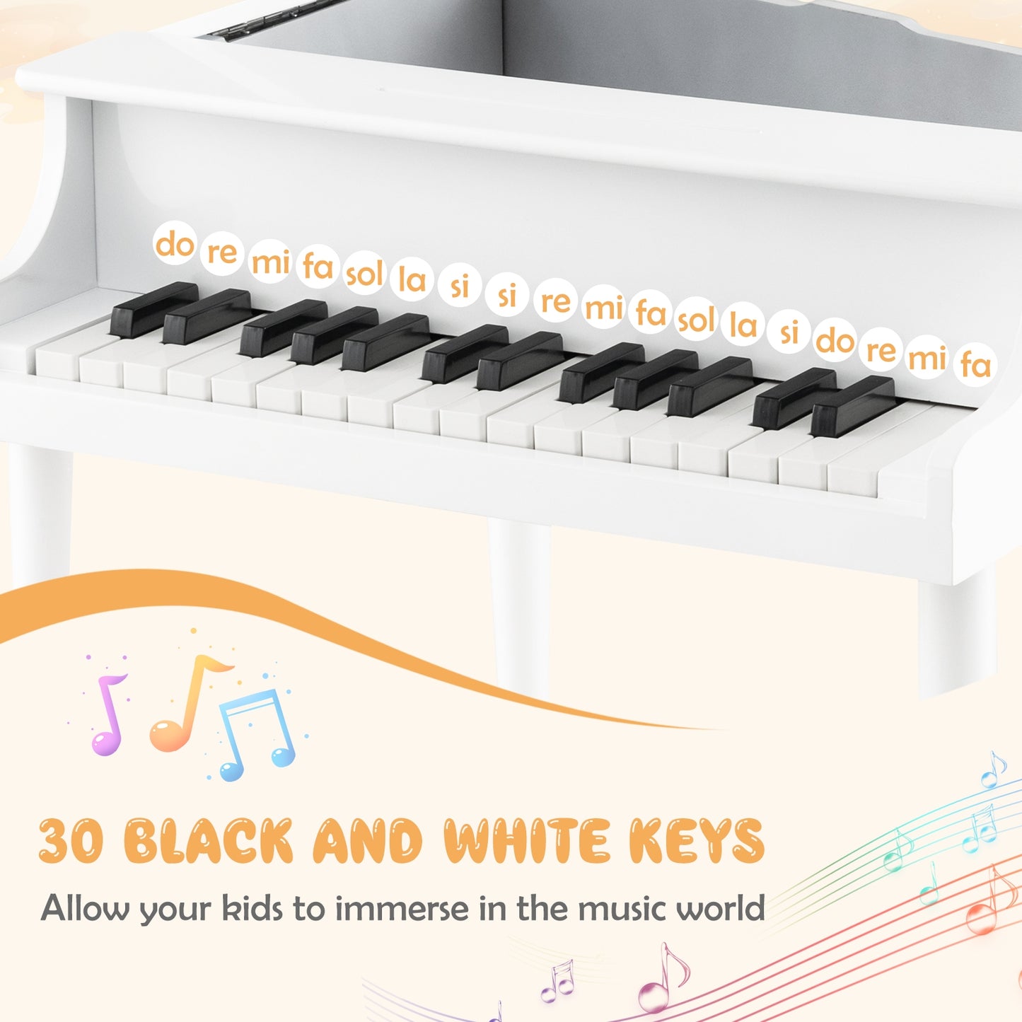 30-Key Wood Toy Kids Grand Piano with Bench and Music Rack-White Kids Crystal