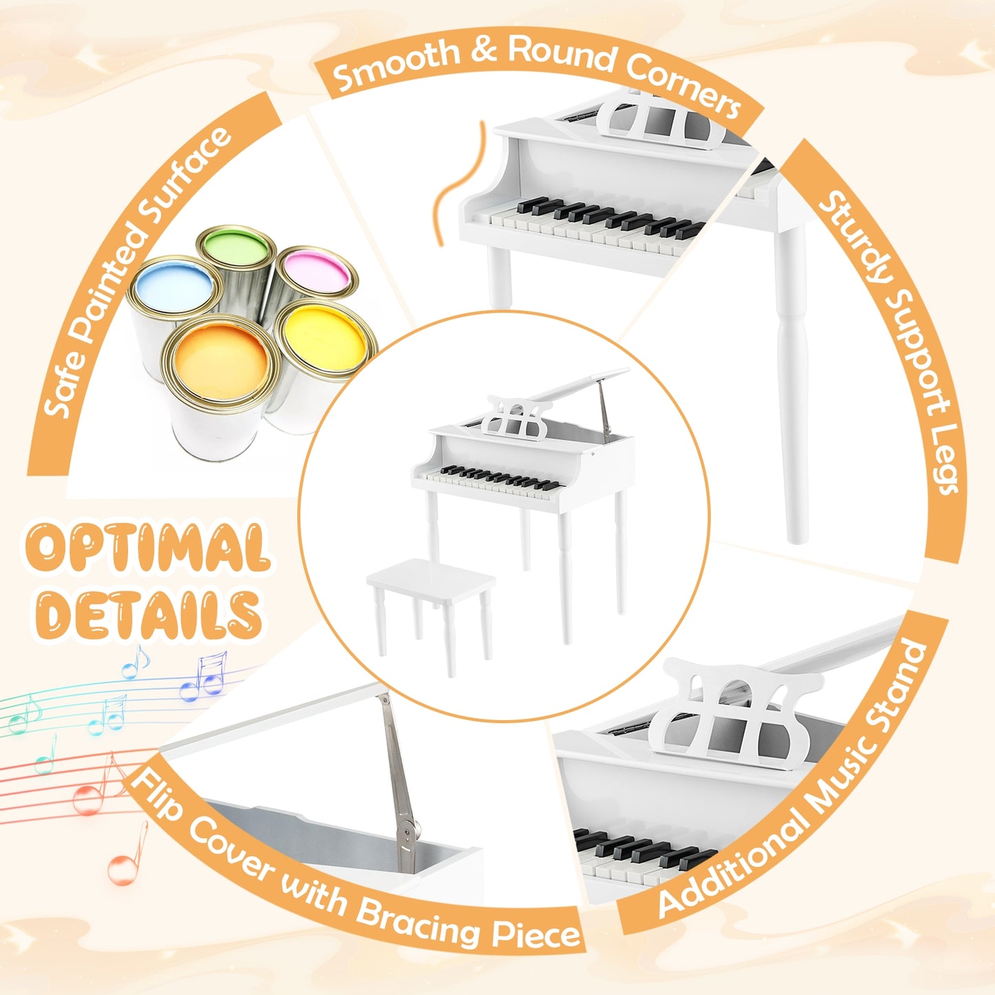 30-Key Wood Toy Kids Grand Piano with Bench and Music Rack-White Kids Crystal