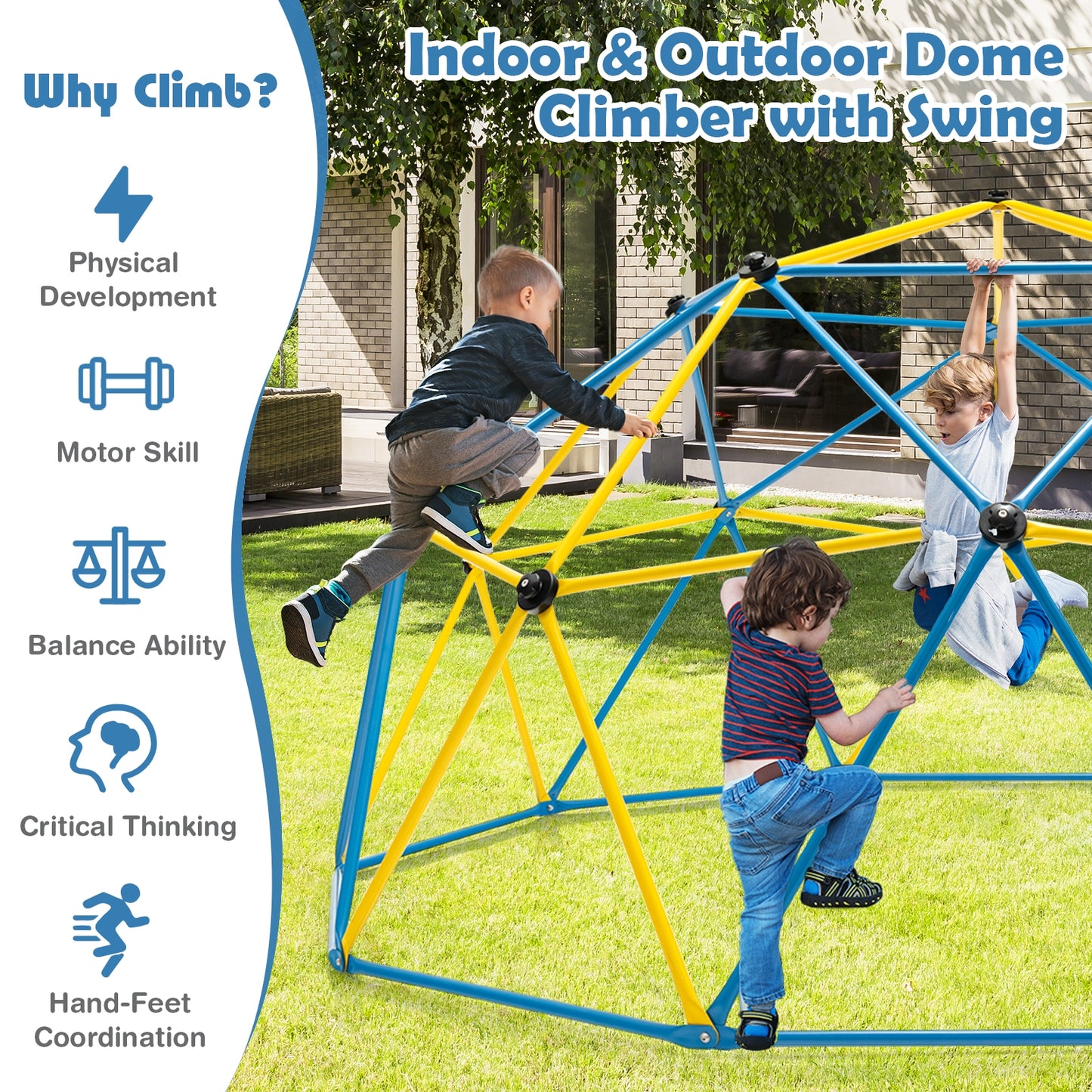10 Feet Dome Climber with Swing and 800 Lbs Load Capacity-Multicolor Kids Crystal