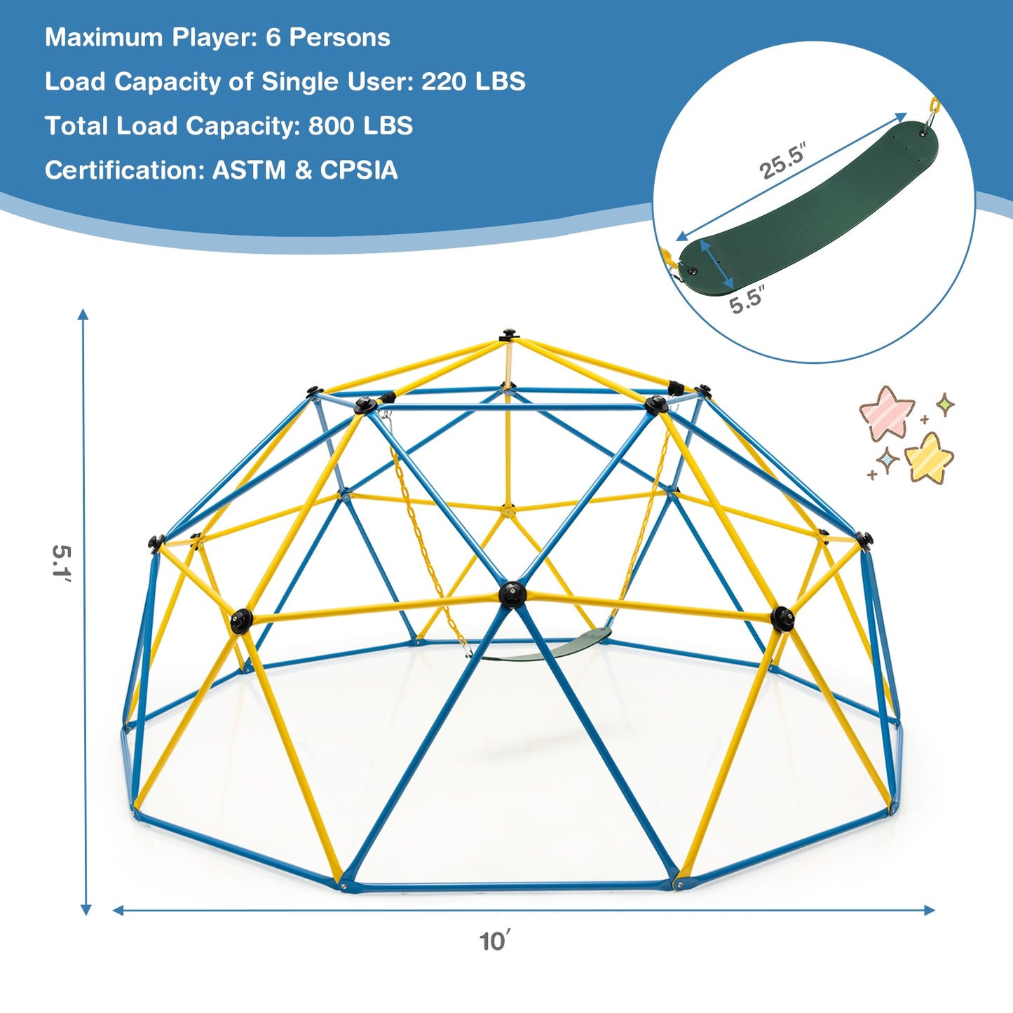 10 Feet Dome Climber with Swing and 800 Lbs Load Capacity-Multicolor Kids Crystal