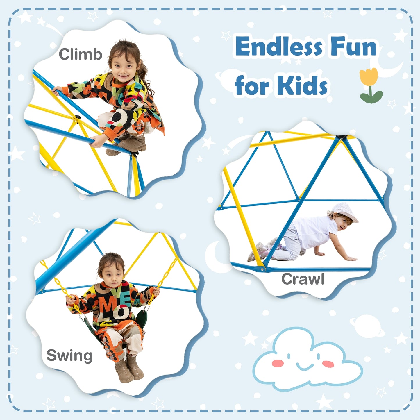 10 Feet Dome Climber with Swing and 800 Lbs Load Capacity-Multicolor Kids Crystal