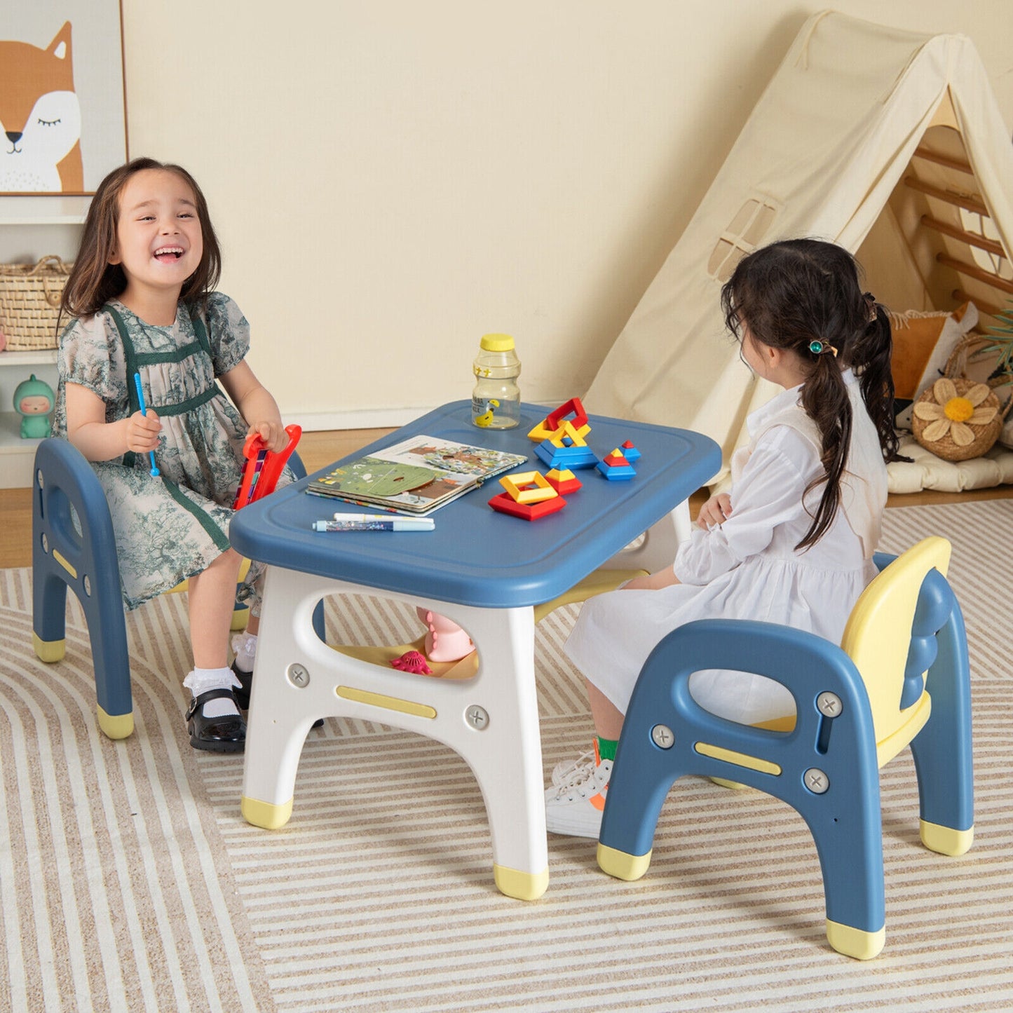 Kids Table and 2 Chairs Set with Storage Shelf and Building Blocks-Blue Kids Crystal