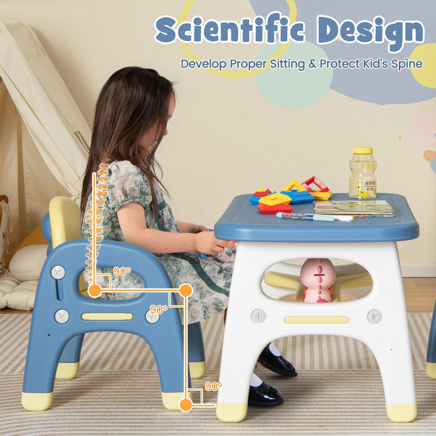 Kids Table and 2 Chairs Set with Storage Shelf and Building Blocks-Blue Kids Crystal