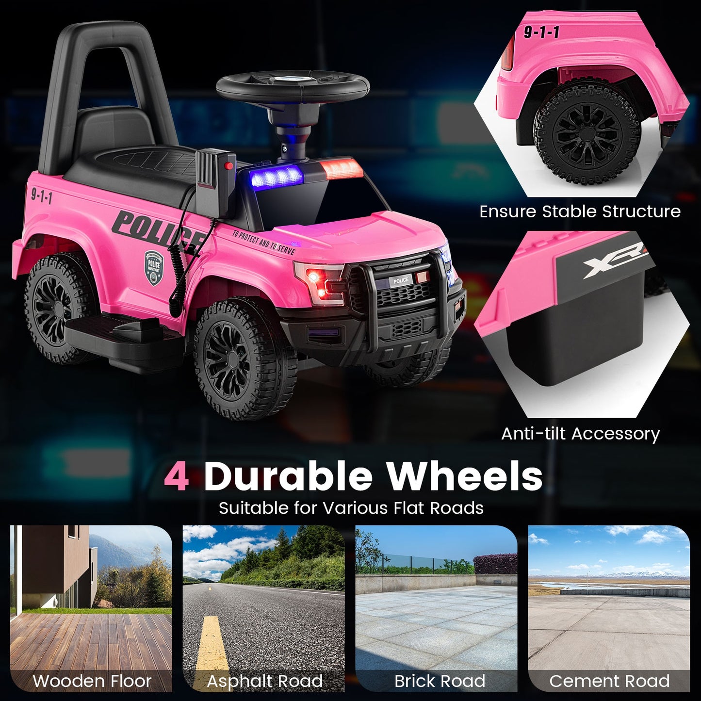 6V Kids Ride On Police Car with Real Megaphone and Siren Flashing Lights-Pink Kids Crystal