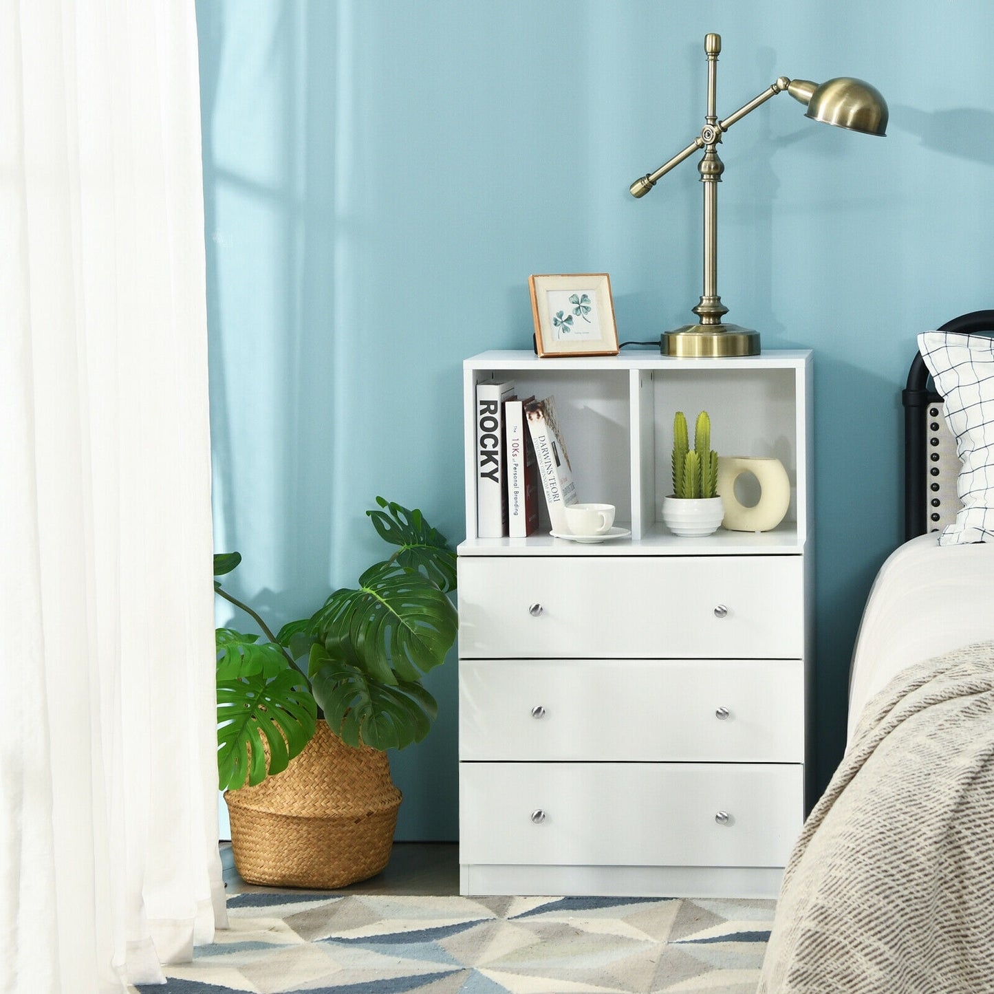 3 Drawer Dresser with Cubbies Storage Chest for Bedroom Living Room-White Kids Crystal