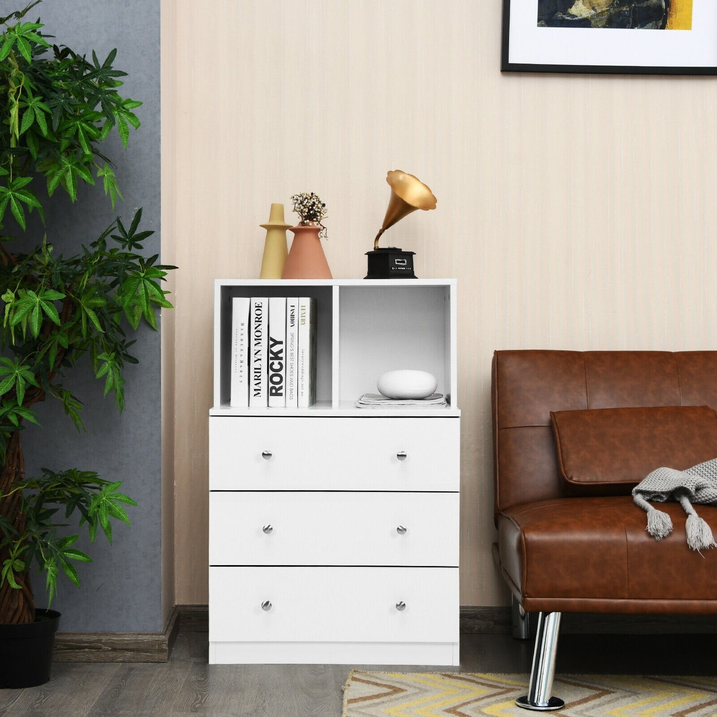 3 Drawer Dresser with Cubbies Storage Chest for Bedroom Living Room-White Kids Crystal