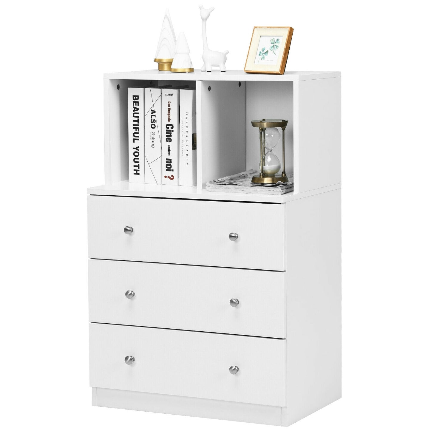 3 Drawer Dresser with Cubbies Storage Chest for Bedroom Living Room-White Kids Crystal
