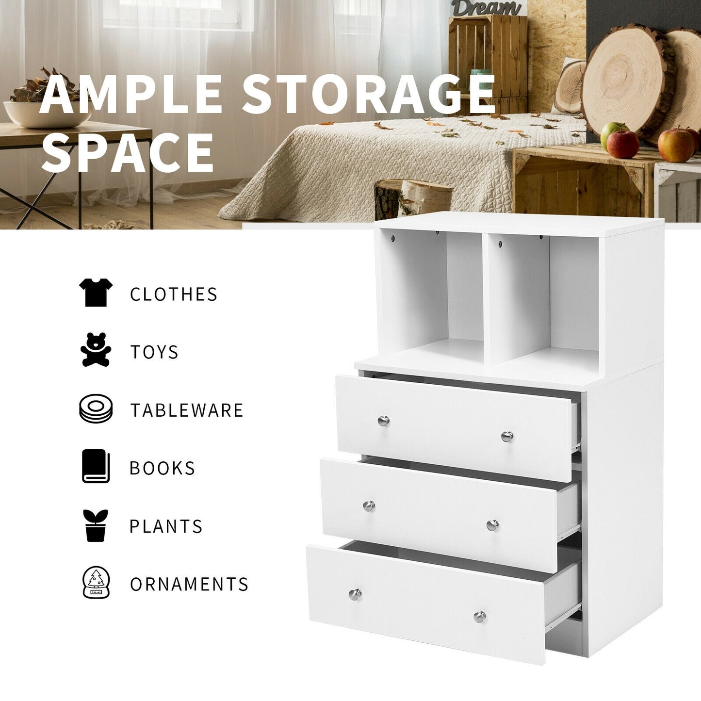 3 Drawer Dresser with Cubbies Storage Chest for Bedroom Living Room-White Kids Crystal