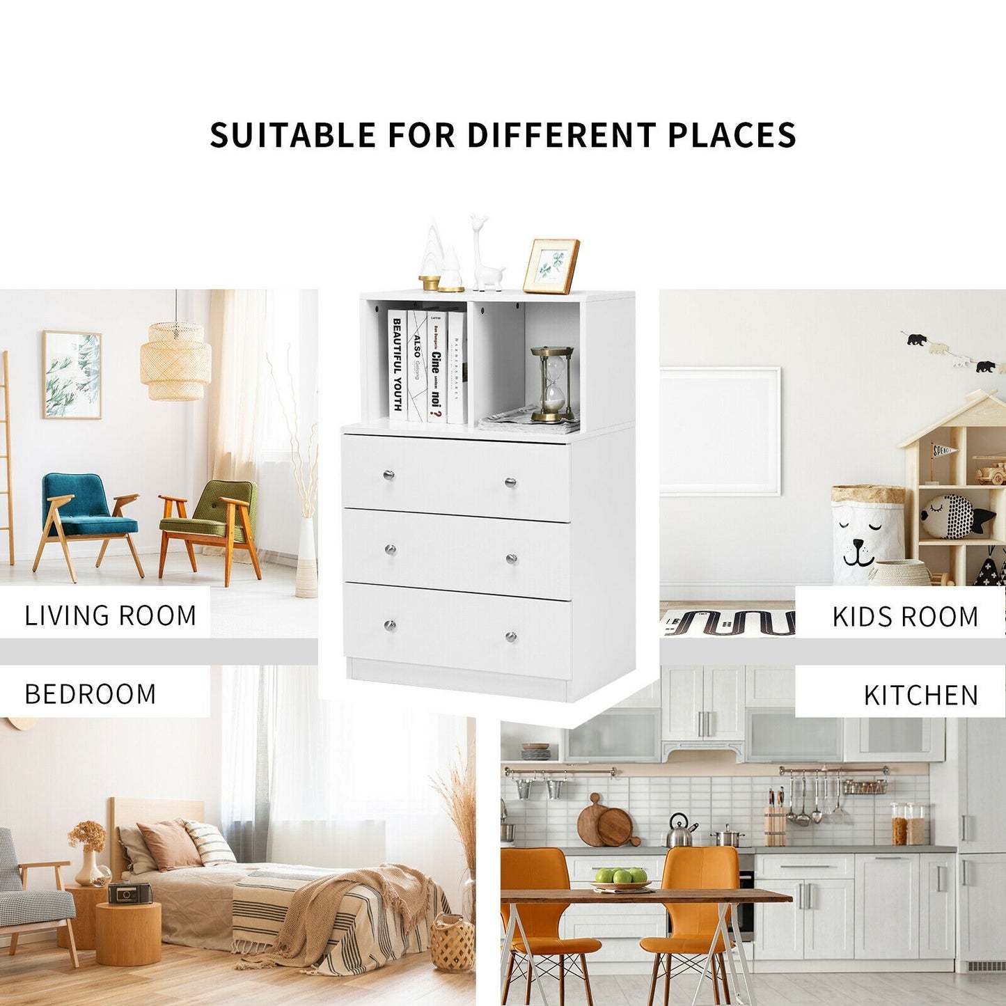 3 Drawer Dresser with Cubbies Storage Chest for Bedroom Living Room-White Kids Crystal