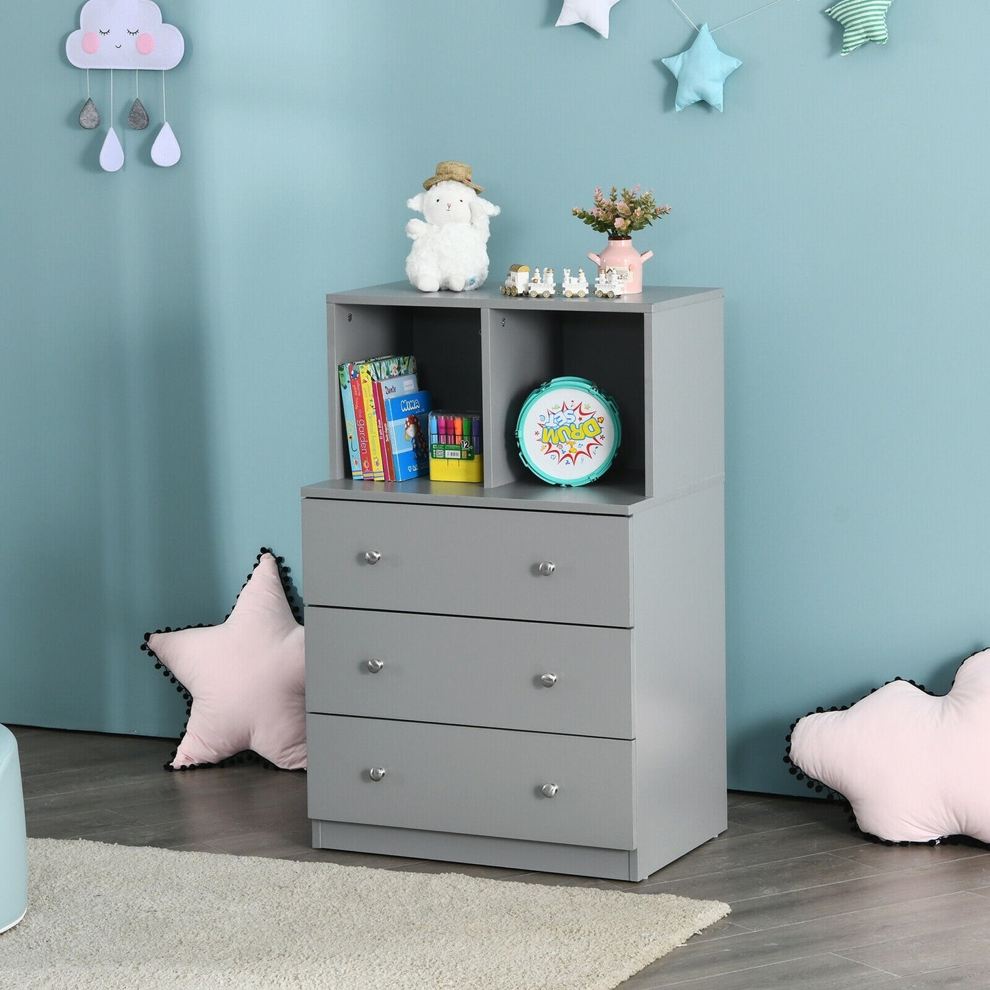 3 Drawer Dresser with Cubbies Storage Chest for Bedroom Living Room-Gray Kids Crystal