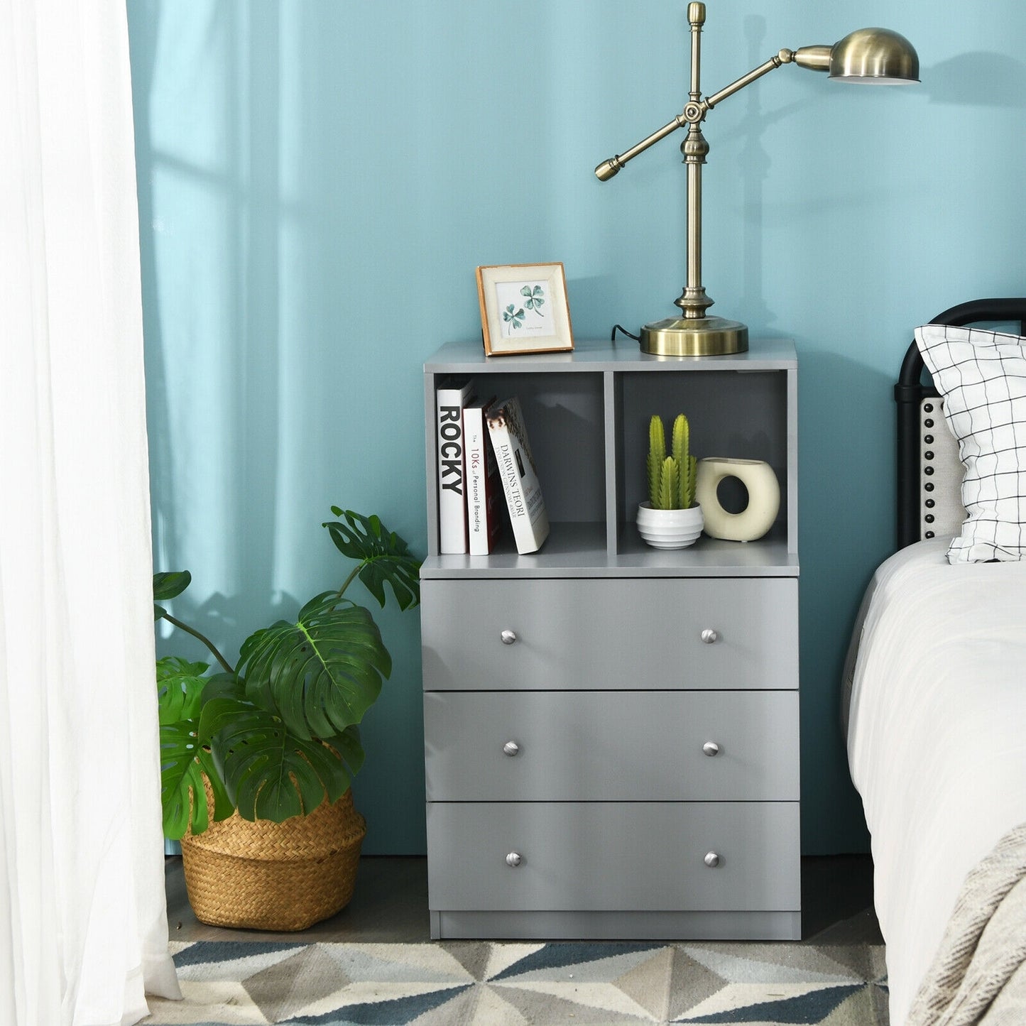 3 Drawer Dresser with Cubbies Storage Chest for Bedroom Living Room-Gray Kids Crystal