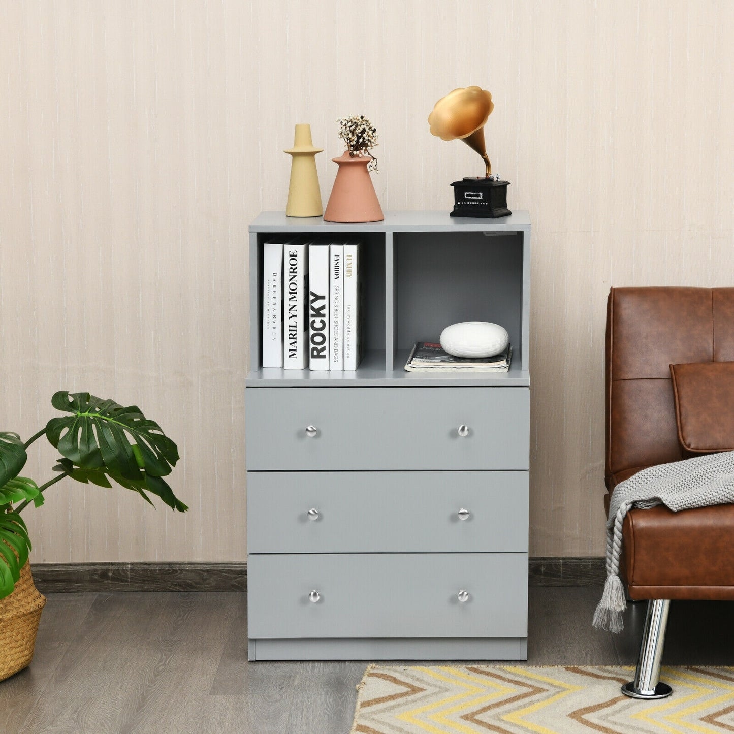 3 Drawer Dresser with Cubbies Storage Chest for Bedroom Living Room-Gray Kids Crystal