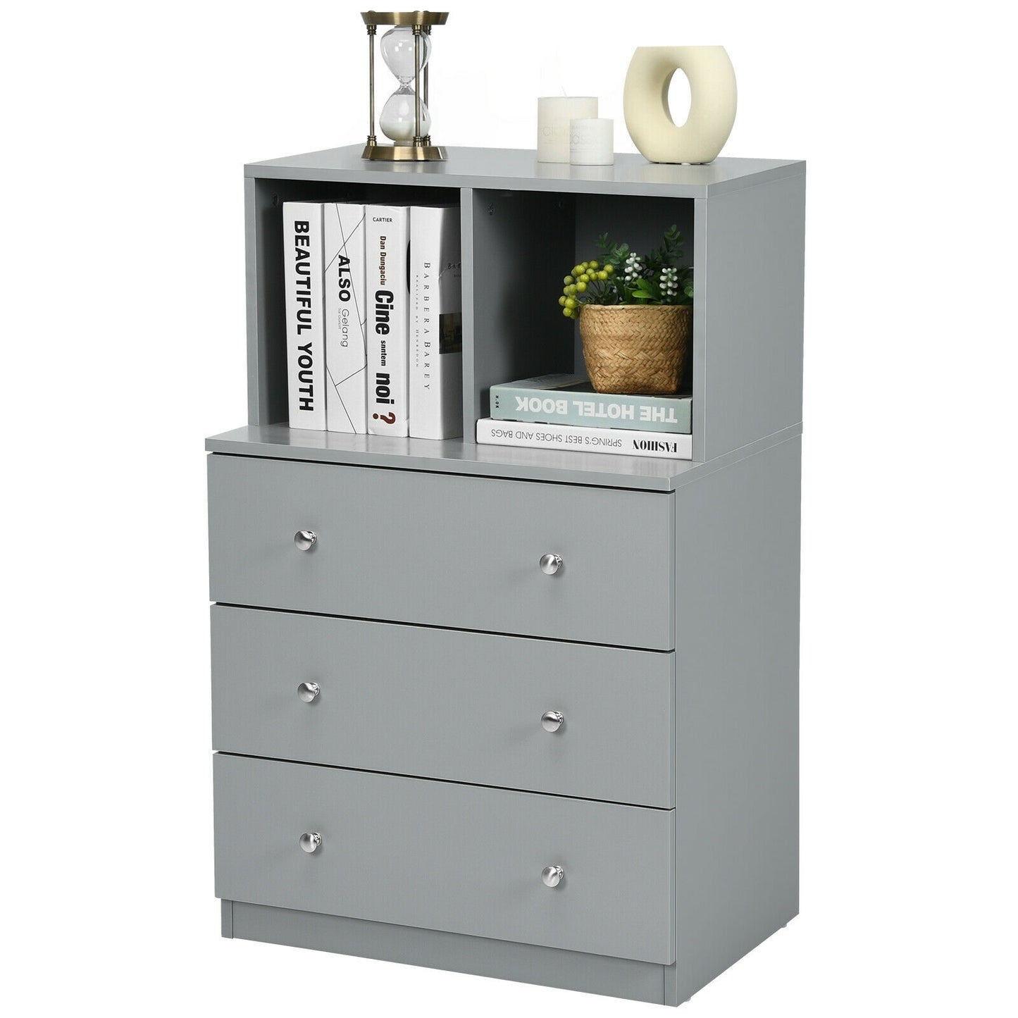 3 Drawer Dresser with Cubbies Storage Chest for Bedroom Living Room-Gray Kids Crystal