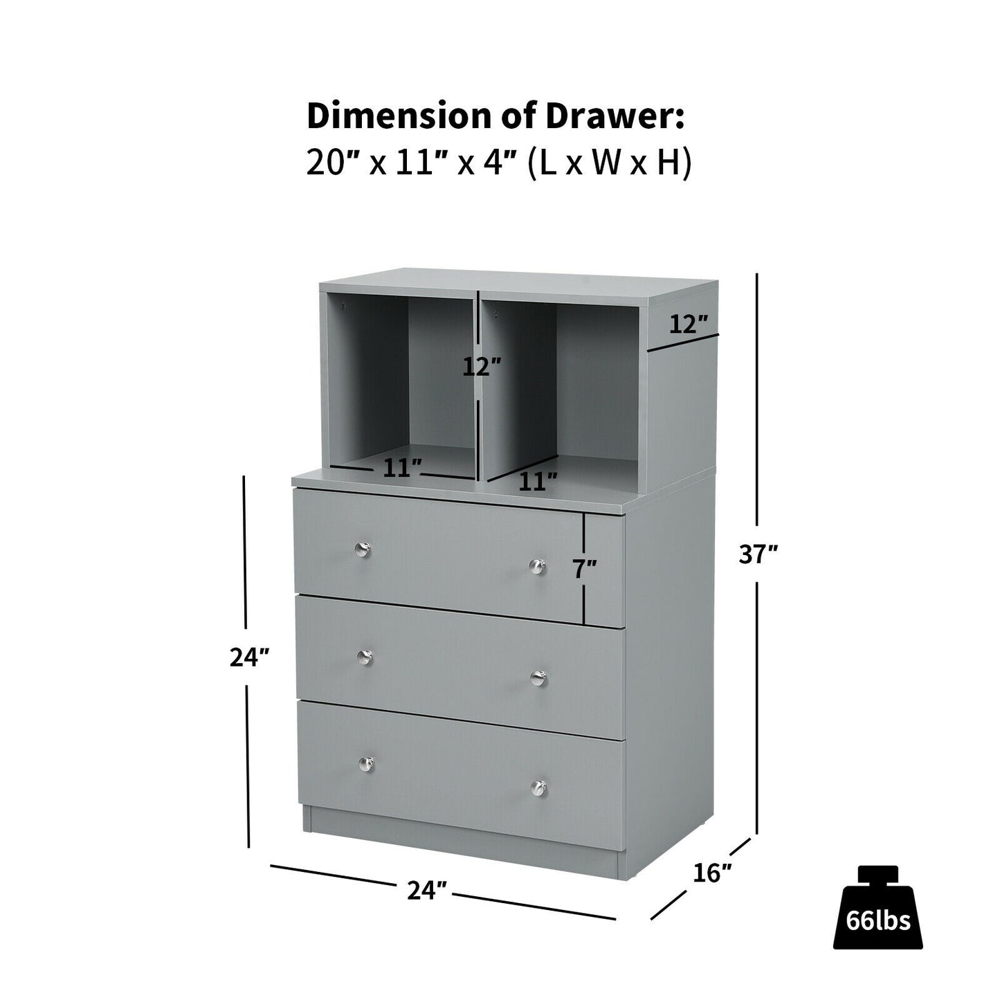 3 Drawer Dresser with Cubbies Storage Chest for Bedroom Living Room-Gray Kids Crystal