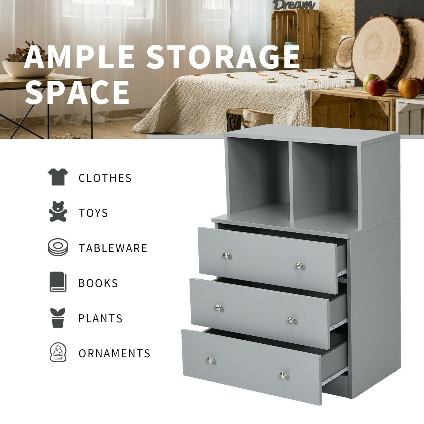 3 Drawer Dresser with Cubbies Storage Chest for Bedroom Living Room-Gray Kids Crystal