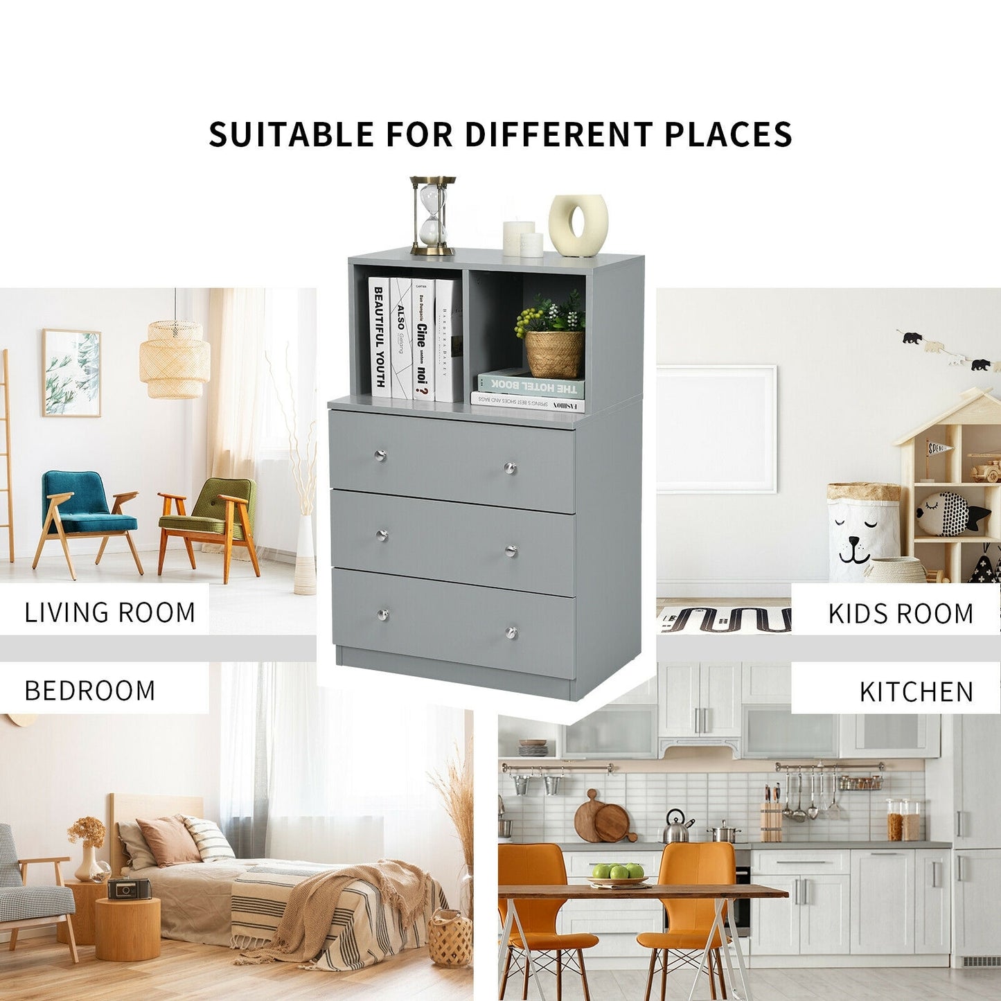 3 Drawer Dresser with Cubbies Storage Chest for Bedroom Living Room-Gray Kids Crystal