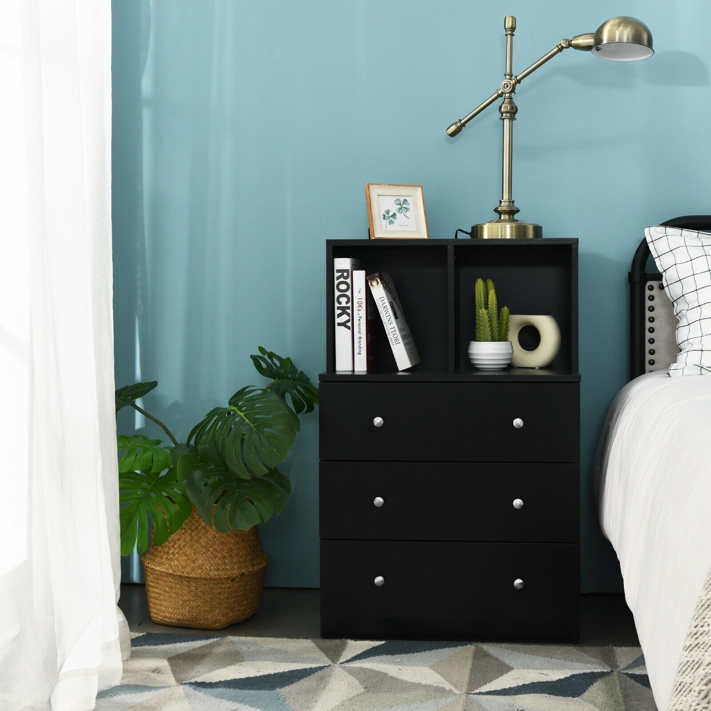 3 Drawer Dresser with Cubbies Storage Chest for Bedroom Living Room-Black Kids Crystal