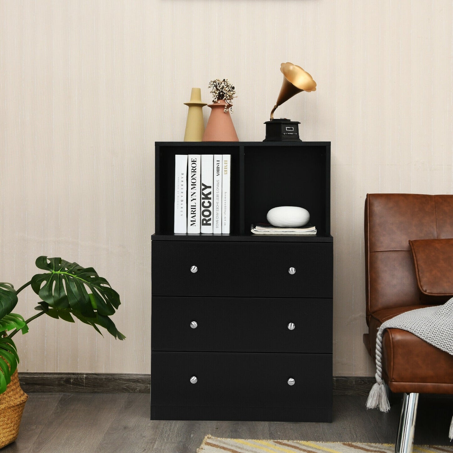 3 Drawer Dresser with Cubbies Storage Chest for Bedroom Living Room-Black Kids Crystal