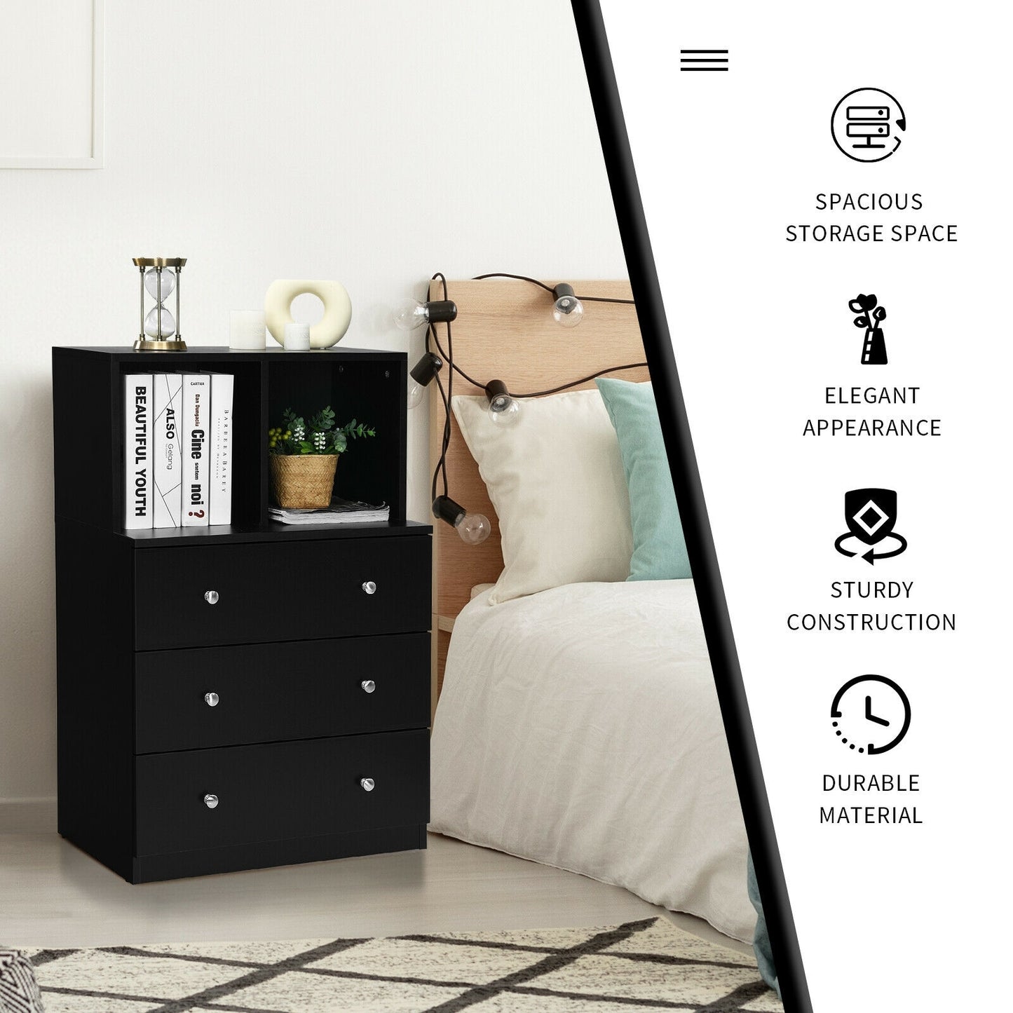 3 Drawer Dresser with Cubbies Storage Chest for Bedroom Living Room-Black Kids Crystal