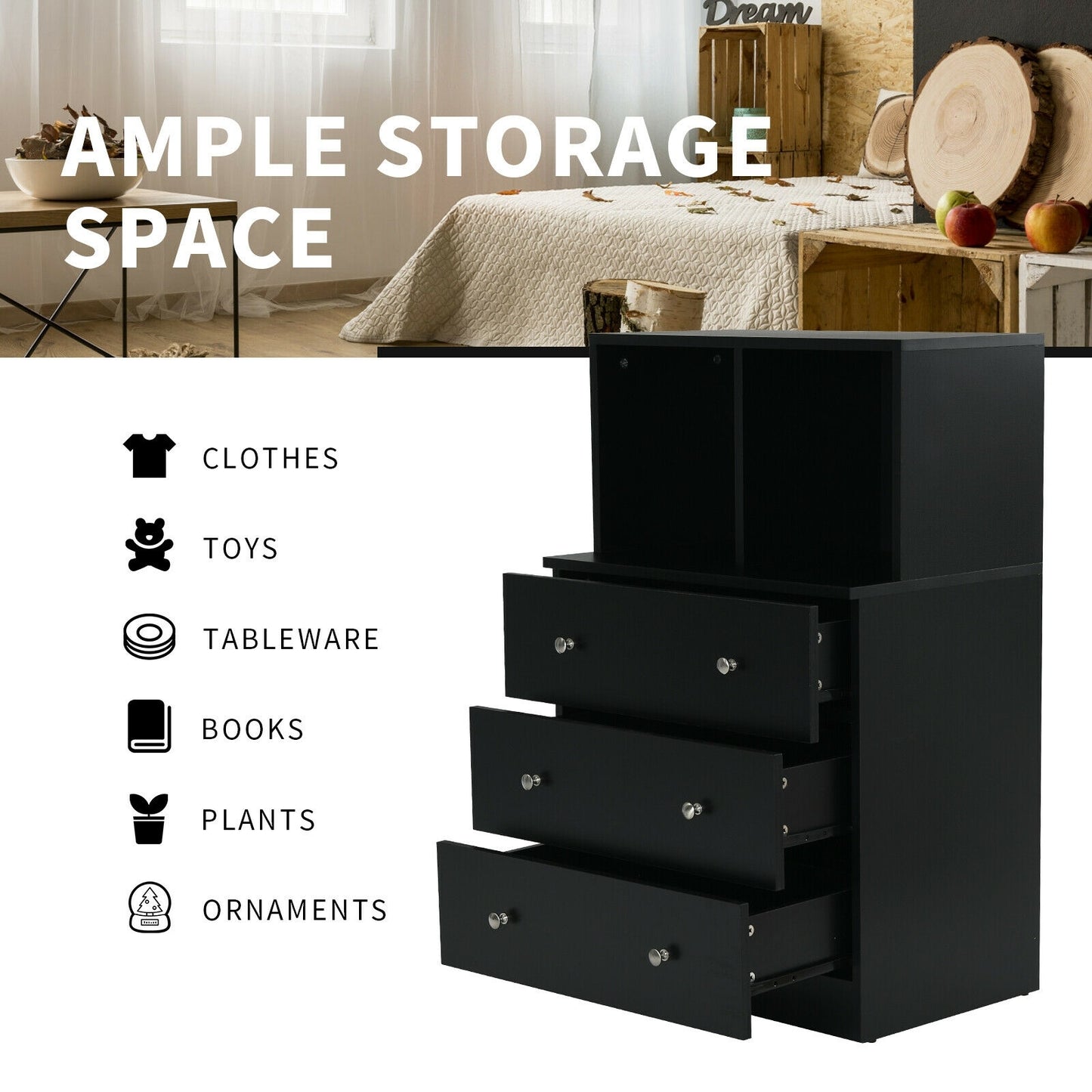 3 Drawer Dresser with Cubbies Storage Chest for Bedroom Living Room-Black Kids Crystal