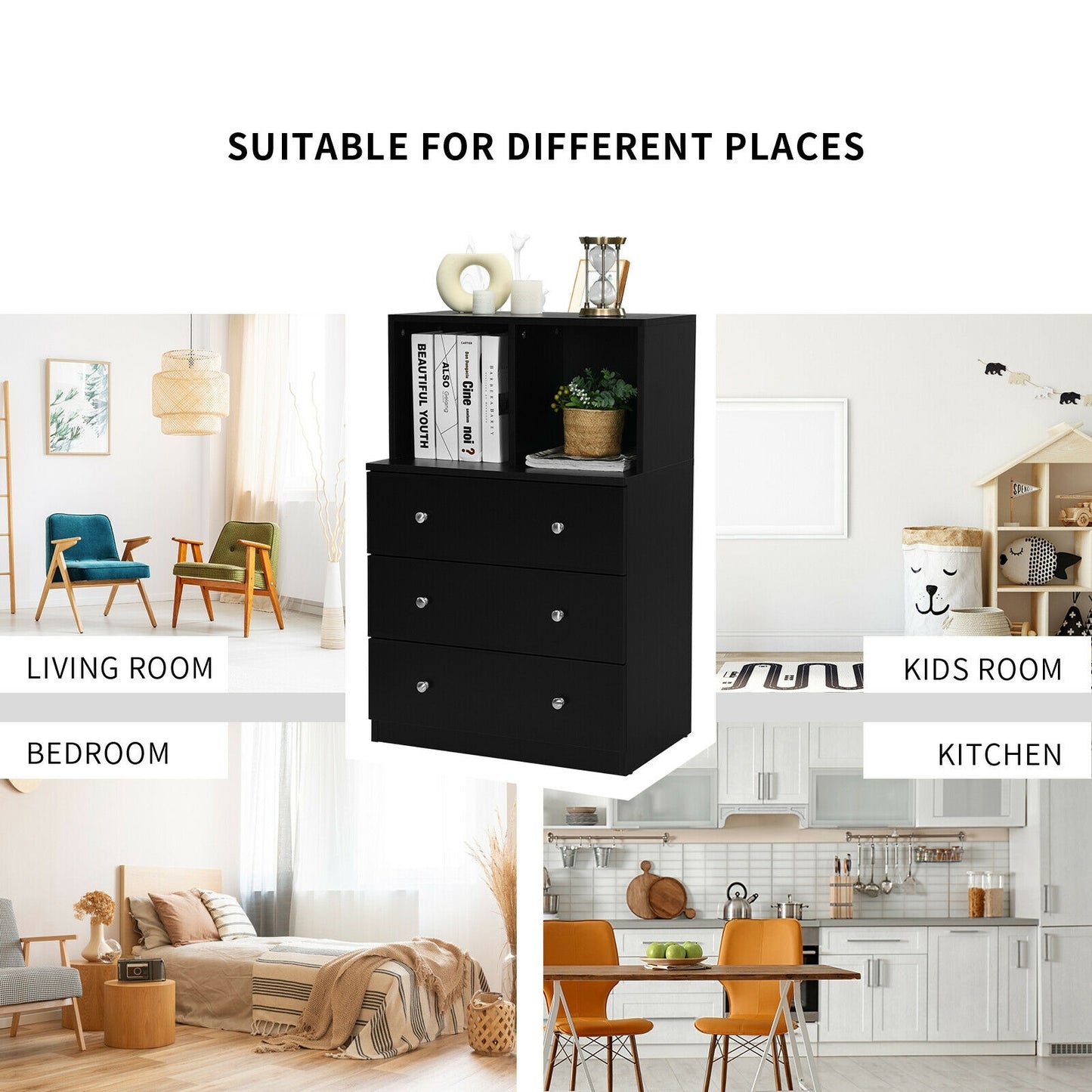 3 Drawer Dresser with Cubbies Storage Chest for Bedroom Living Room-Black Kids Crystal