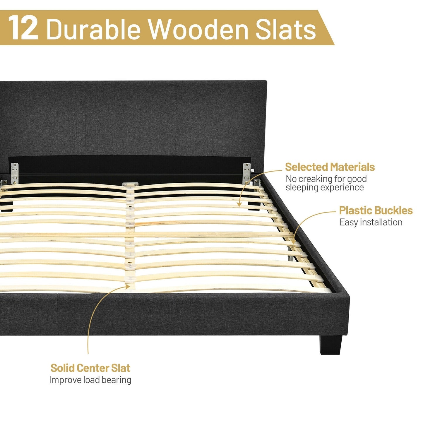 Full Upholstered Platform Bed Frame with Headboard Wood Slat-Gray Kids Crystal