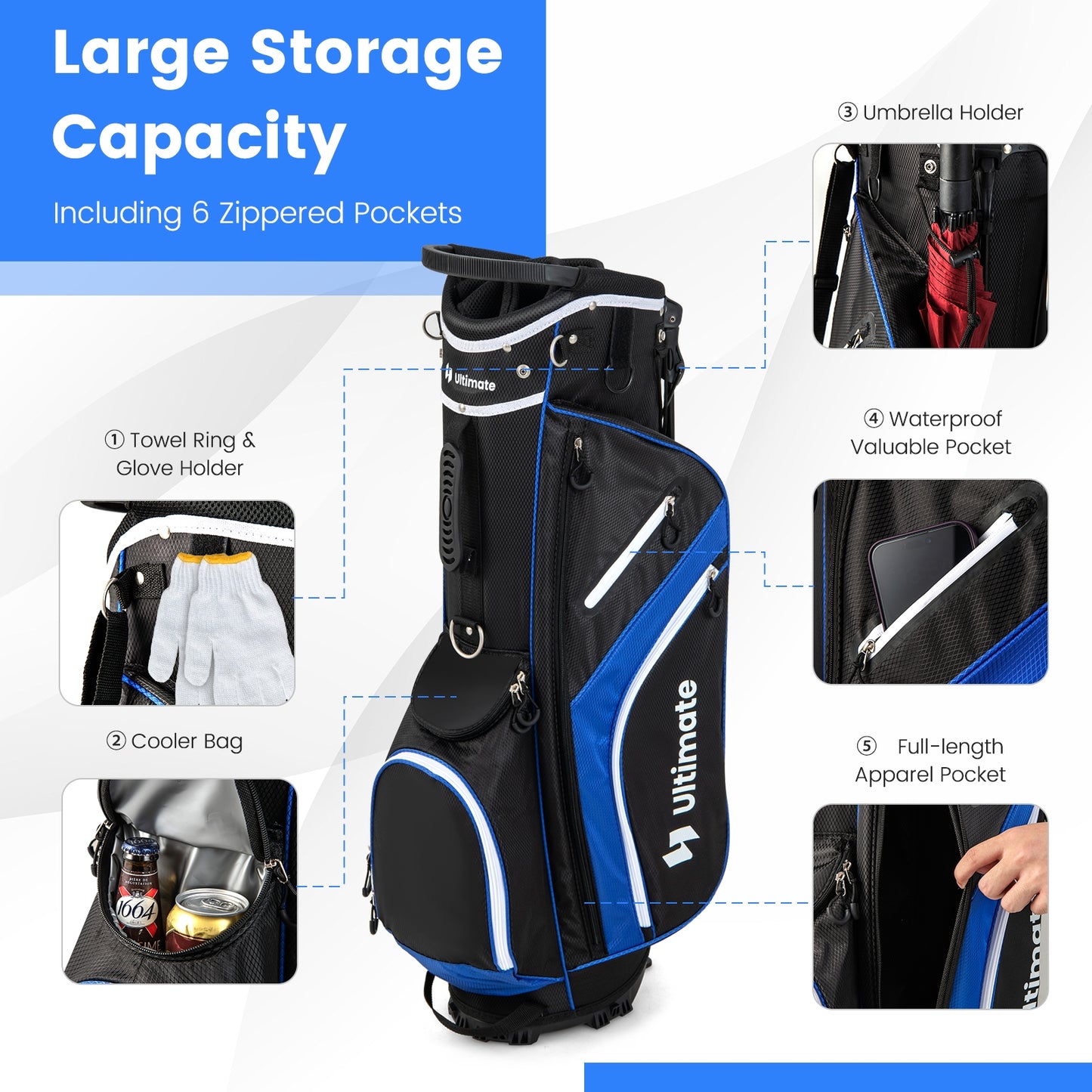 Lightweight Golf Stand Bag with 14 Way Top Dividers and 6 Pockets-Blue Kids Crystal