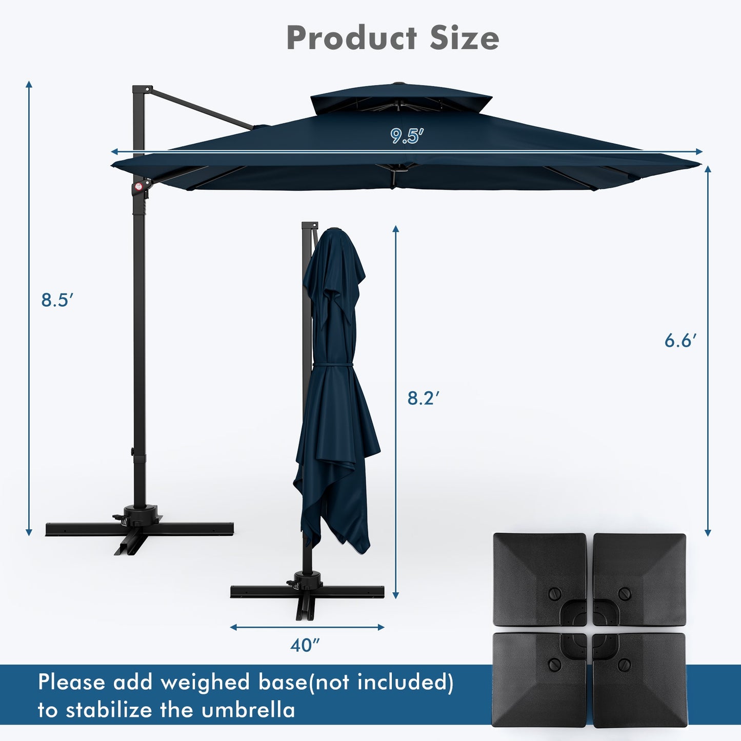 9.5 Feet Cantilever Patio Umbrella with 360° Rotation and Double Top-Navy Kids Crystal