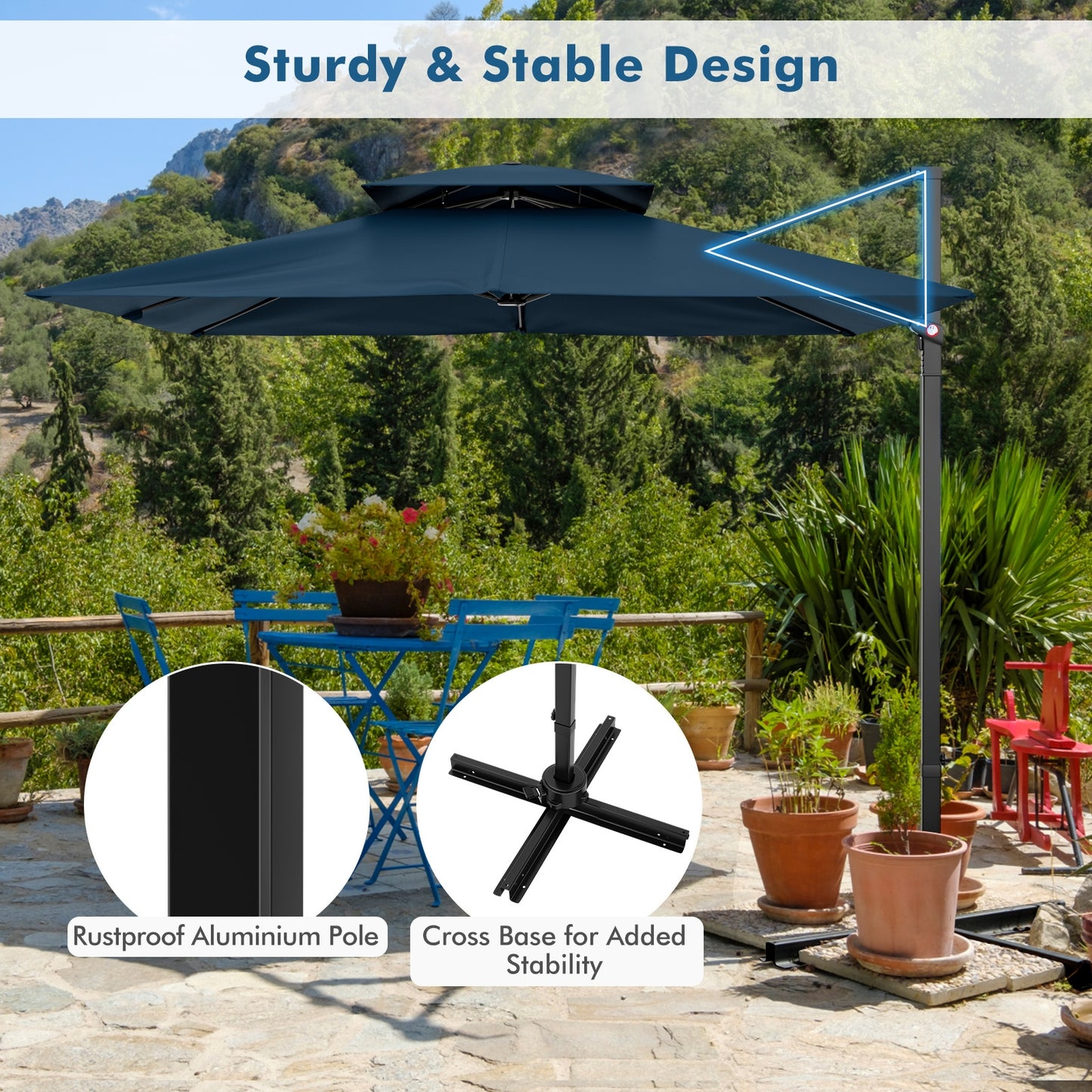 9.5 Feet Cantilever Patio Umbrella with 360° Rotation and Double Top-Navy Kids Crystal