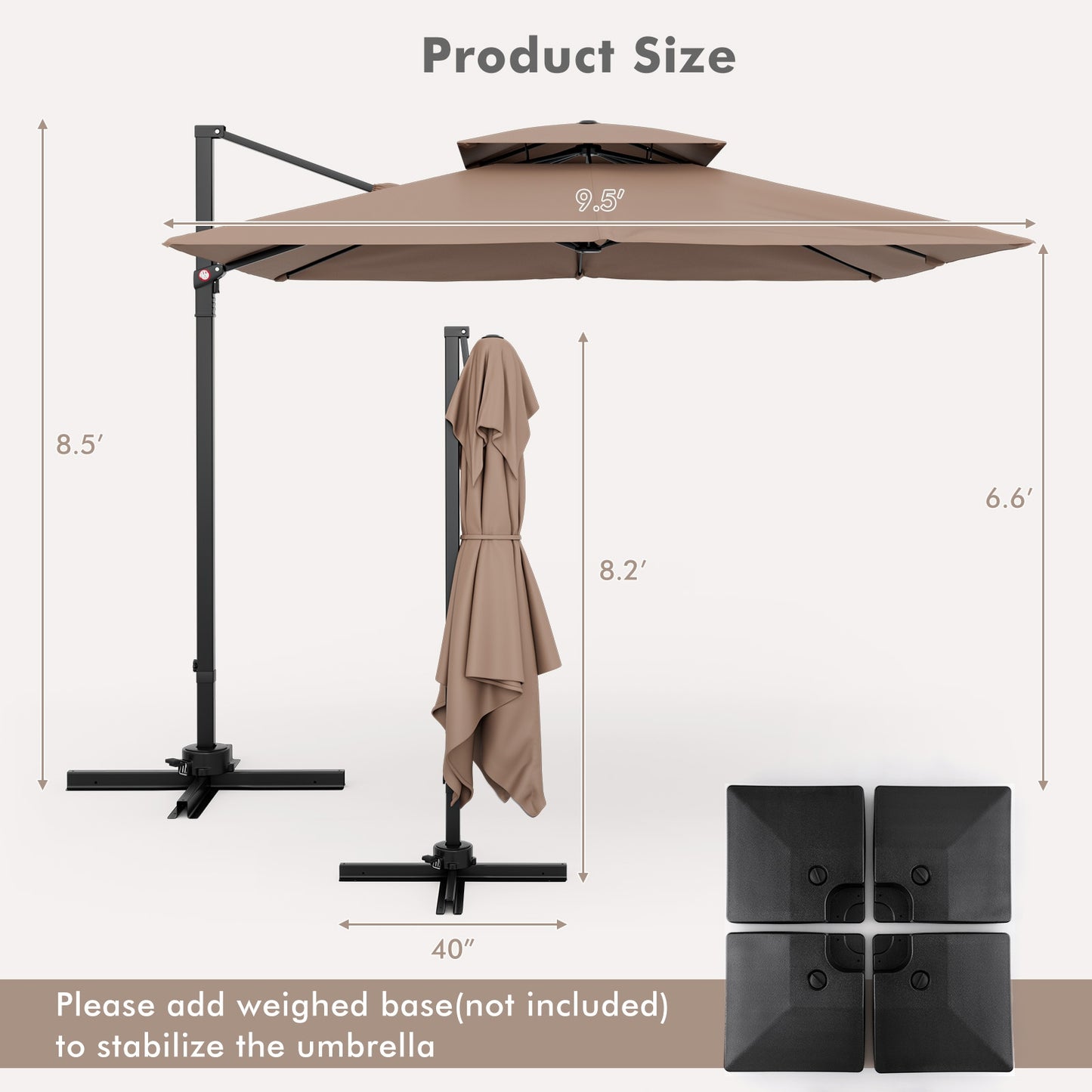 9.5 Feet Cantilever Patio Umbrella with 360° Rotation and Double Top-Coffee Kids Crystal