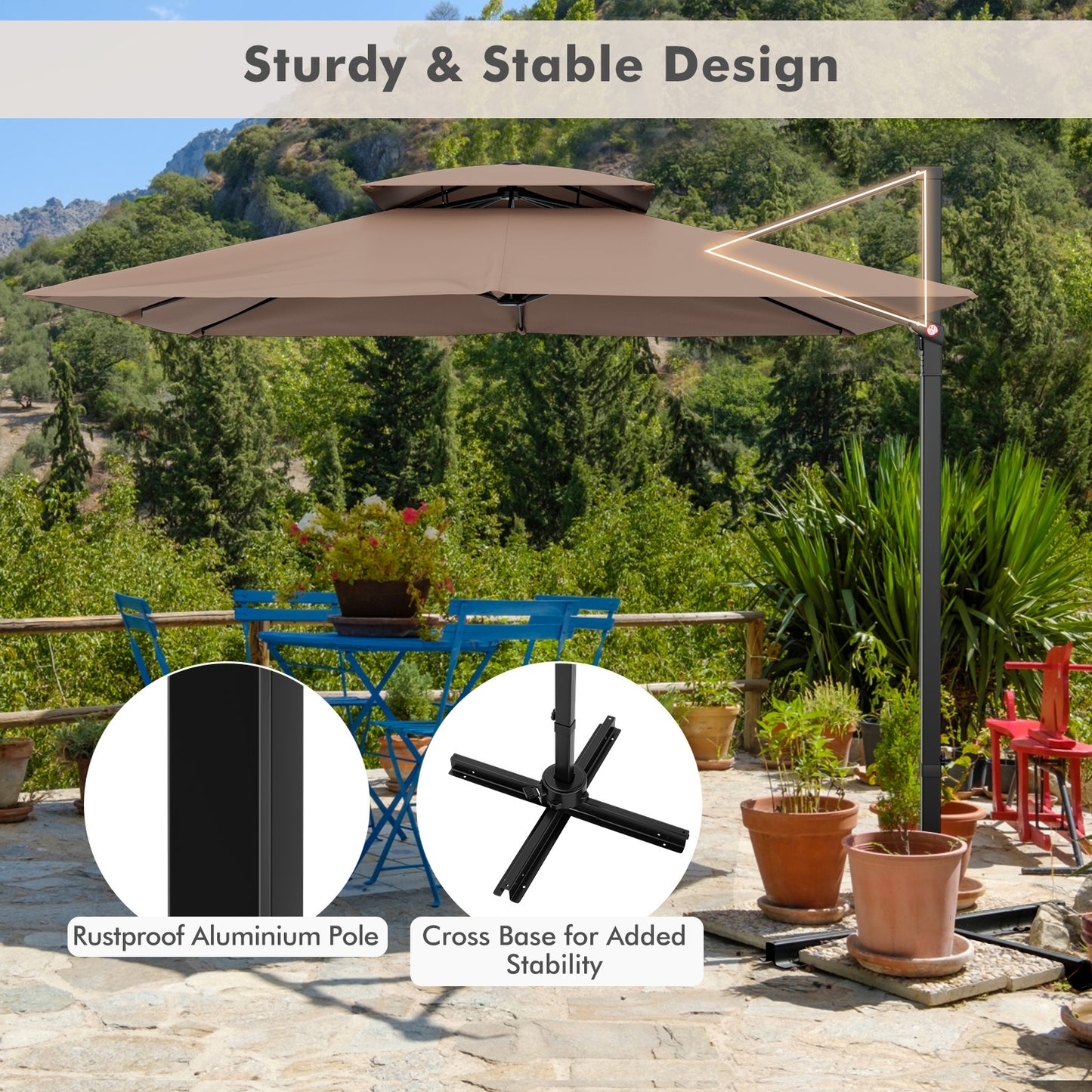 9.5 Feet Cantilever Patio Umbrella with 360° Rotation and Double Top-Coffee Kids Crystal