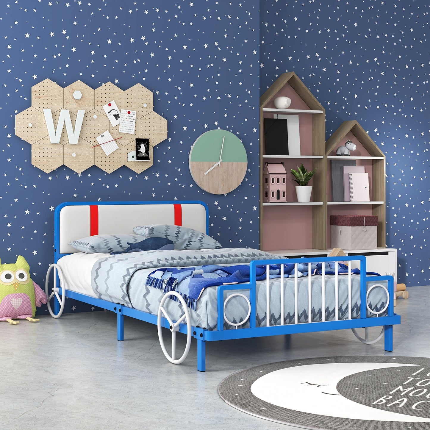 Twin Size Kids Bed Frame Car Shaped Metal Platform Bed with Upholstered Headboard Kids Crystal